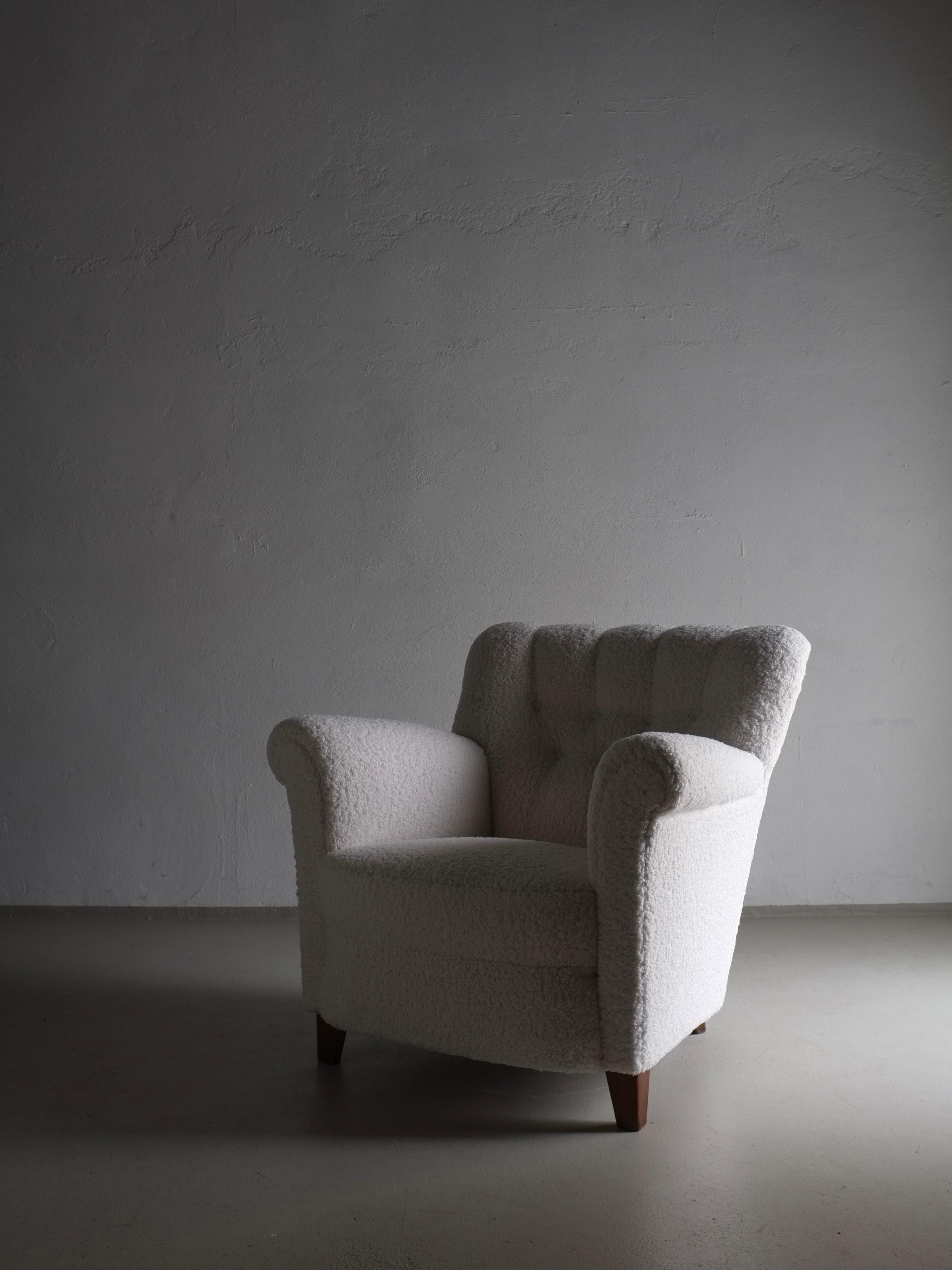 Fabric White Faux Shearling Lounge Chair, Sweden 1940s For Sale