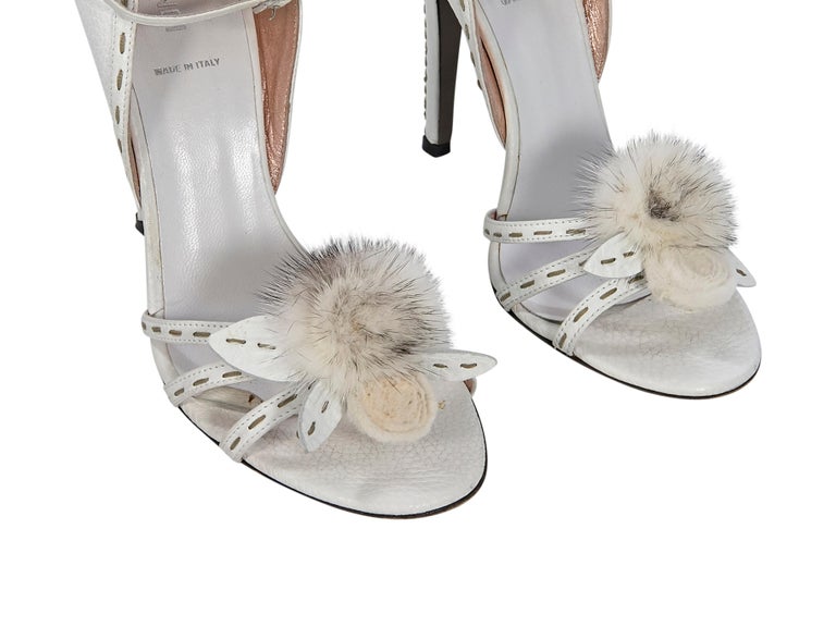 White Fendi Leather Fur-Embellished Sandals For Sale at 1stDibs
