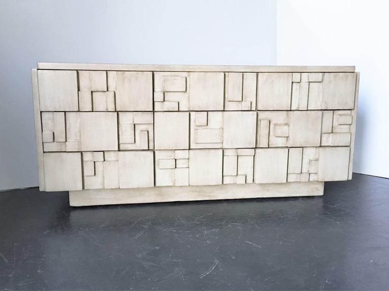 Mid-Century Modern Brutalist White Finish 9-Drawer Dresser Credenza by Lane