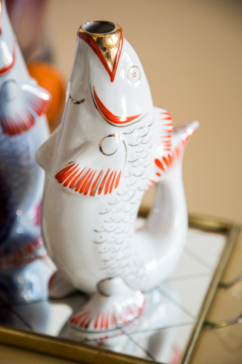 Hand-Painted White Fish Glass Decanter or Vase, 20th Century, Europe, 1960s For Sale