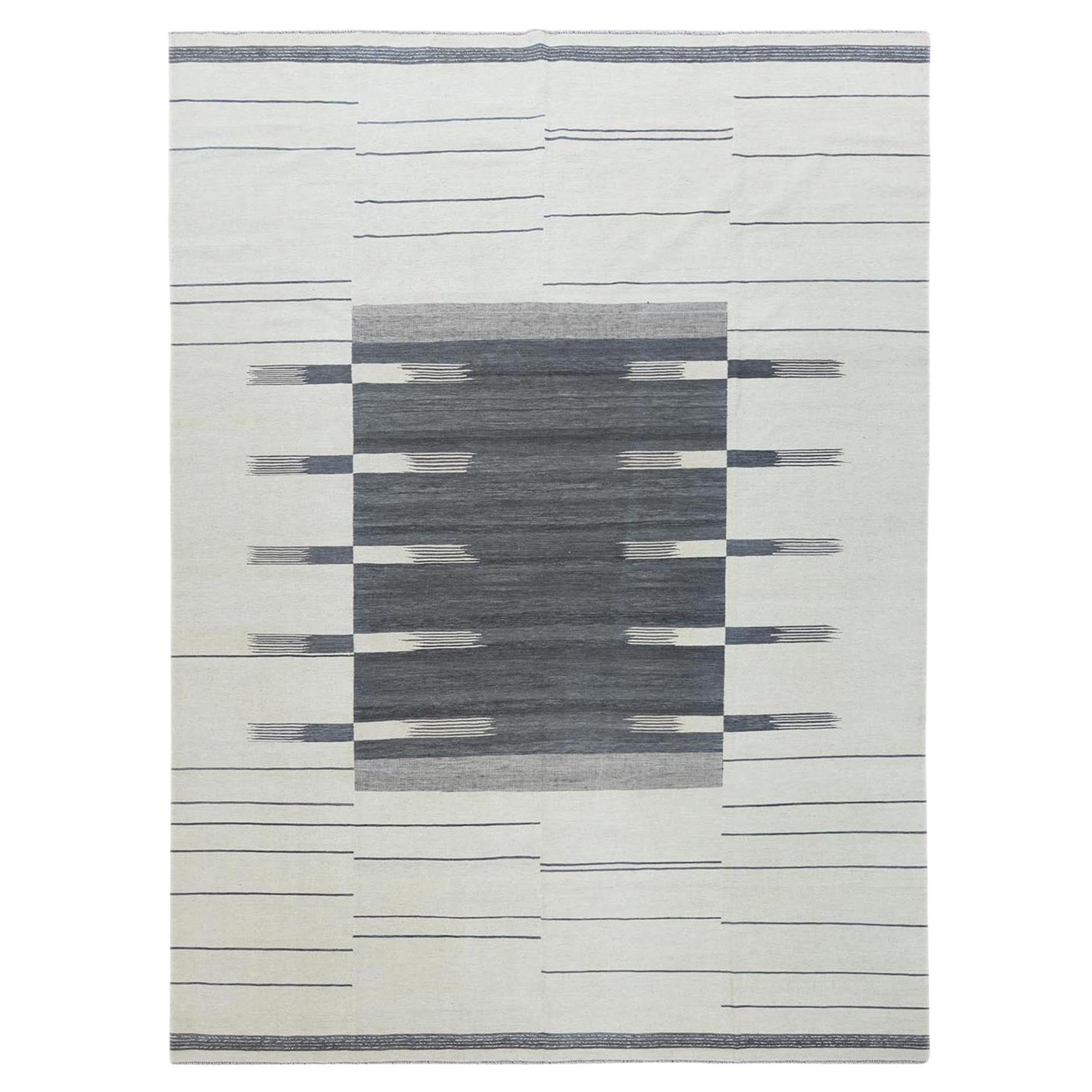 White Flat Weave Stripe Design Kilim Pure Wool Hand Woven Rug 12'5" x 14'10"