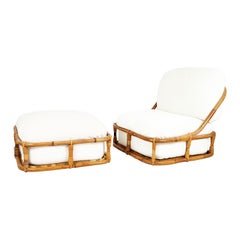 White Flax, Fabric and Rattan 1960s Cushioned Lounge Chair with Ottoman