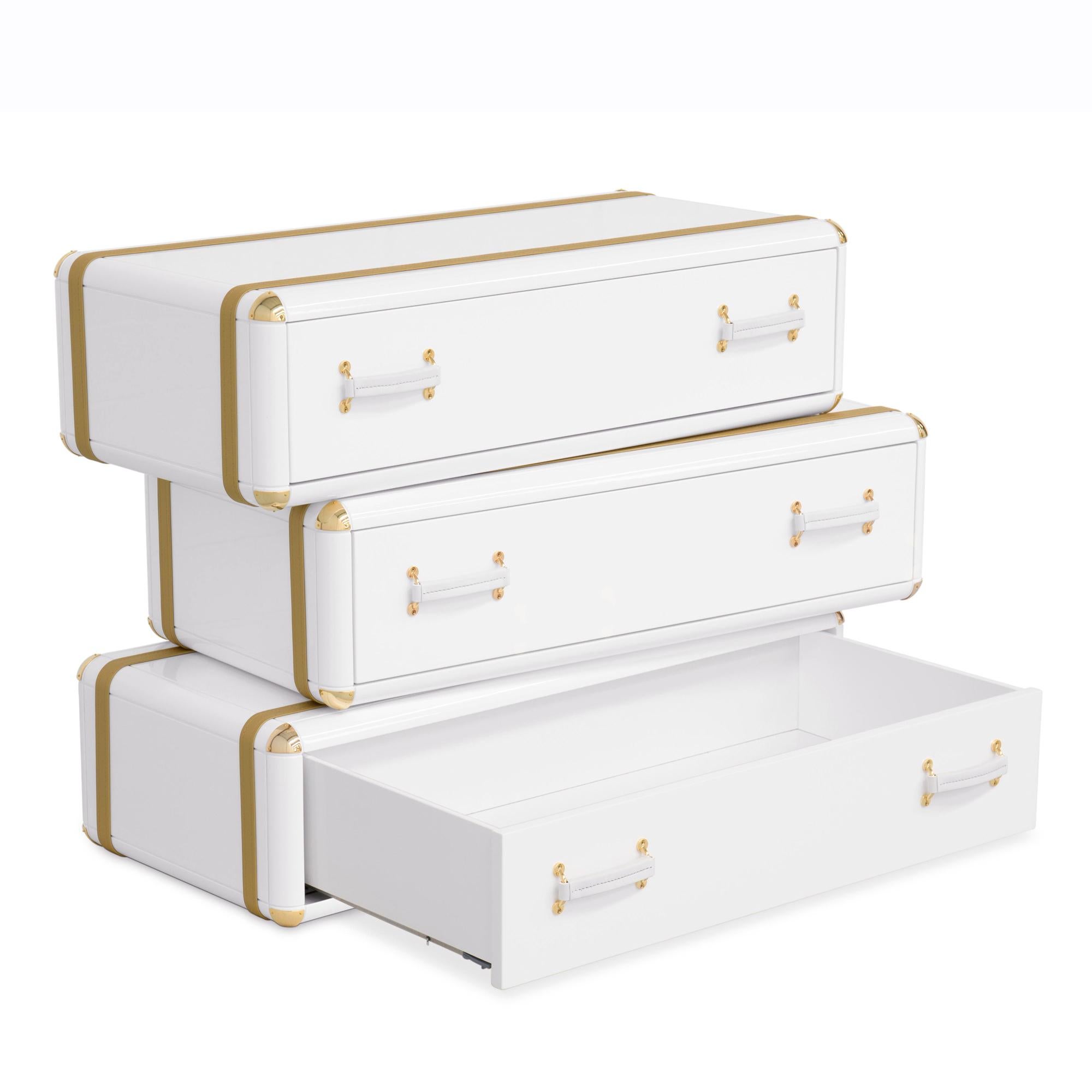 Hand-Crafted White Flight Case Shelf of 3 Drawers in White Lacquered Finish For Sale
