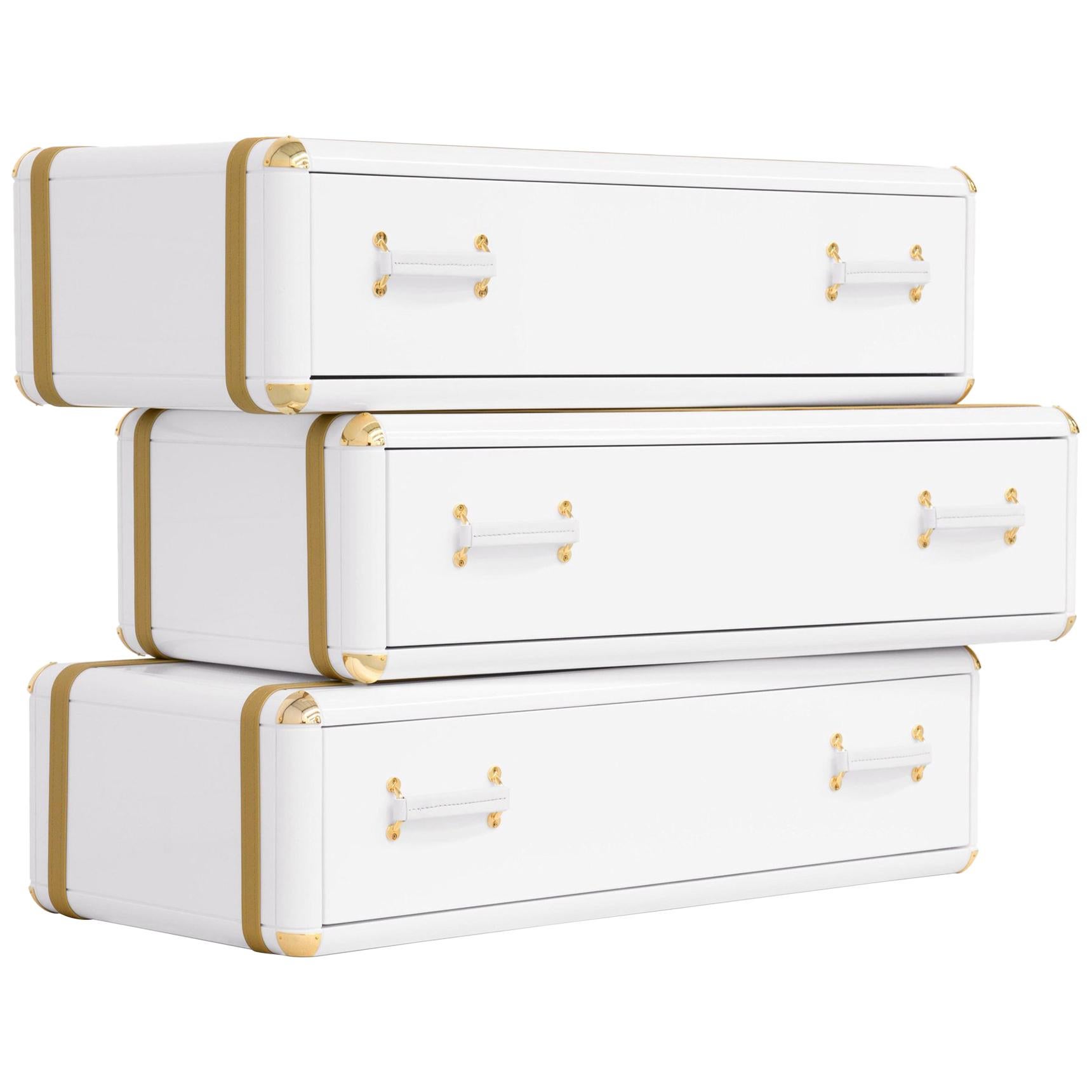 White Flight Case Shelf of 3 Drawers in White Lacquered Finish For Sale