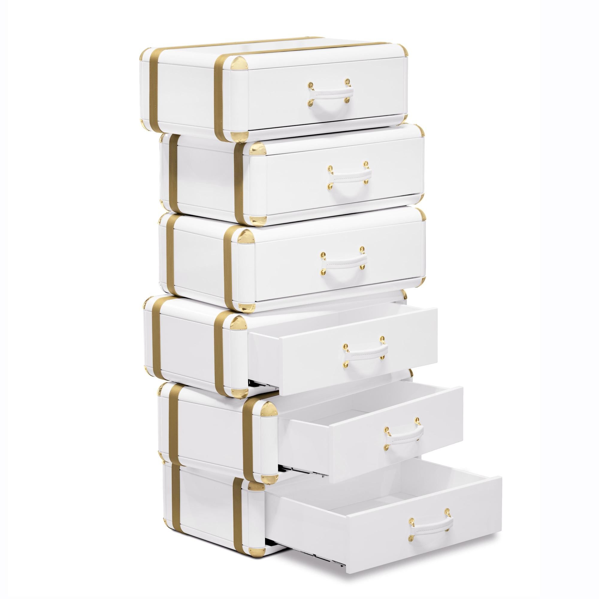Hand-Crafted White Flight Case Shelf of 6 Drawers in White Lacquered Finish For Sale
