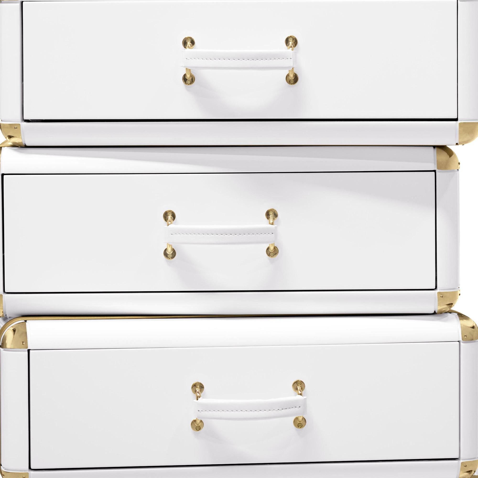 Gold Plate White Flight Case Shelf of 6 Drawers in White Lacquered Finish For Sale