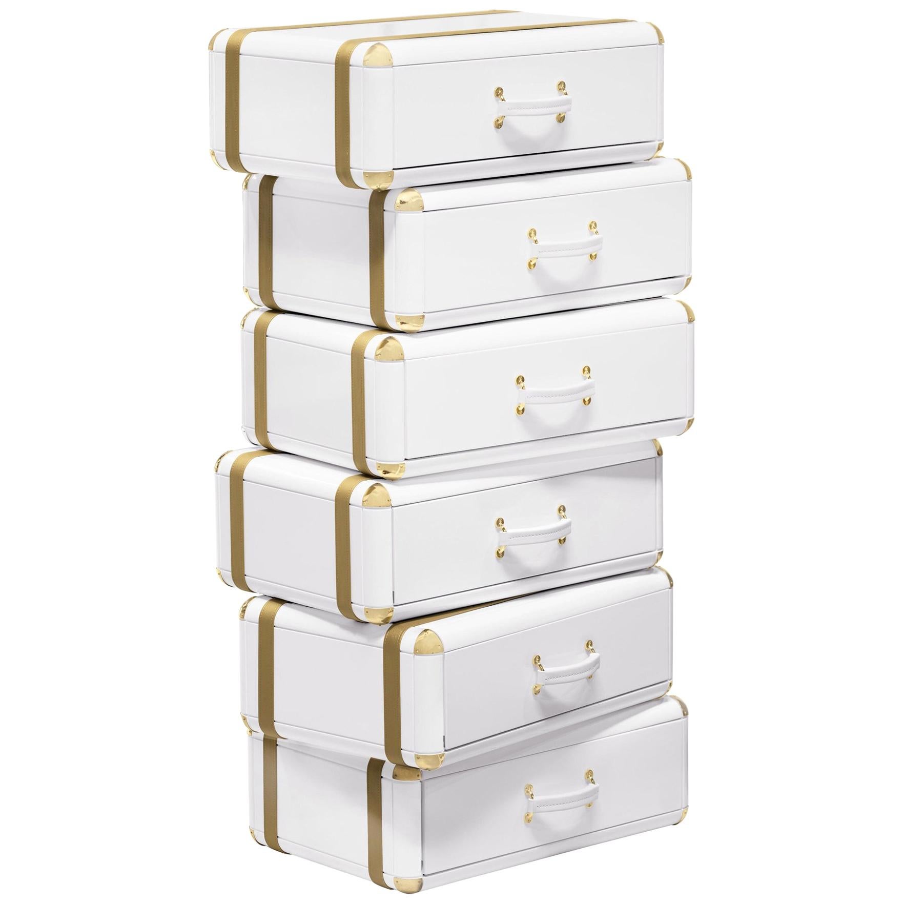White Flight Case Shelf of 6 Drawers in White Lacquered Finish For Sale