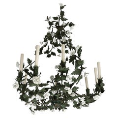 White Floral and Green Leaf Tole Chandelier