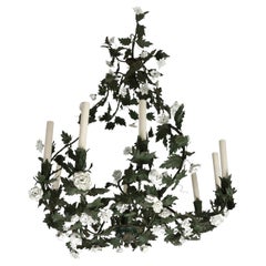 Vintage White Floral and Green Leaf Tole Chandelier