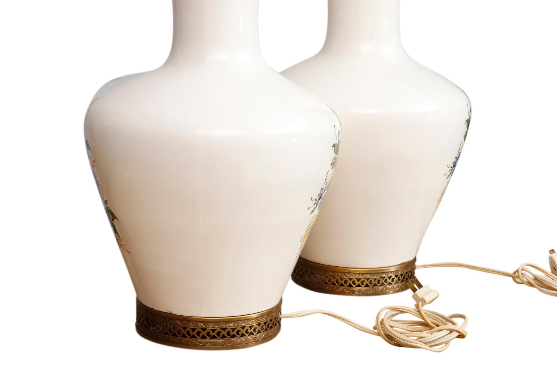 Country White Floral Ceramic Table Lamps, a Pair For Sale