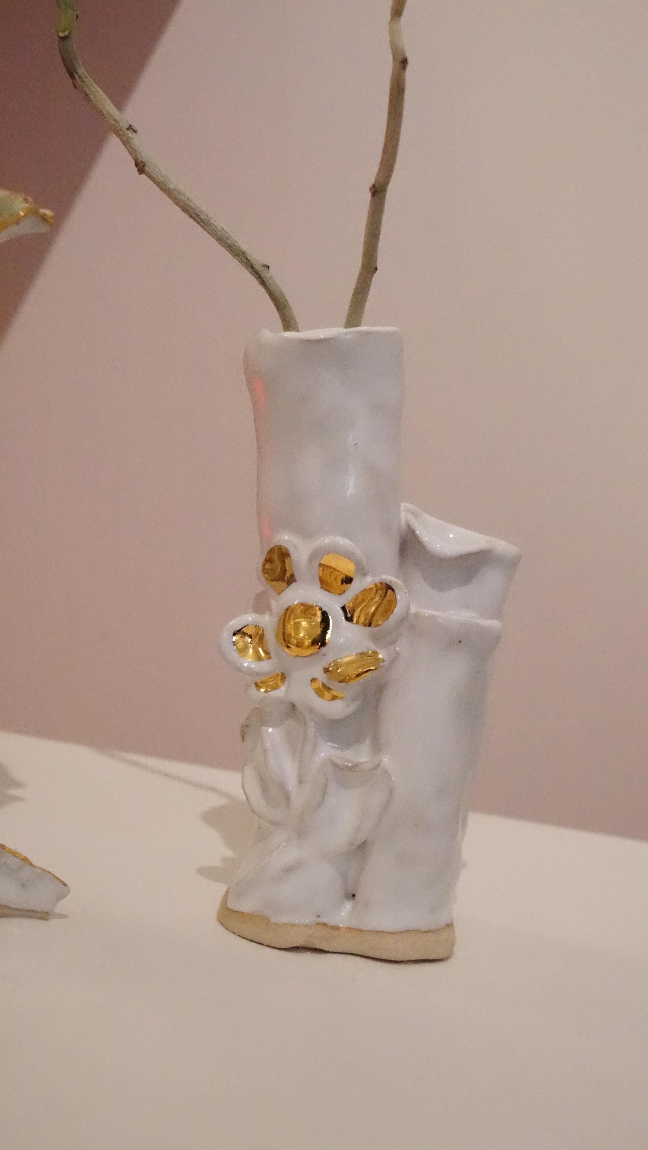 Stoneware White Floral No 7 Ikebana Inspired Vase  by artist- designer Hania Jneid For Sale