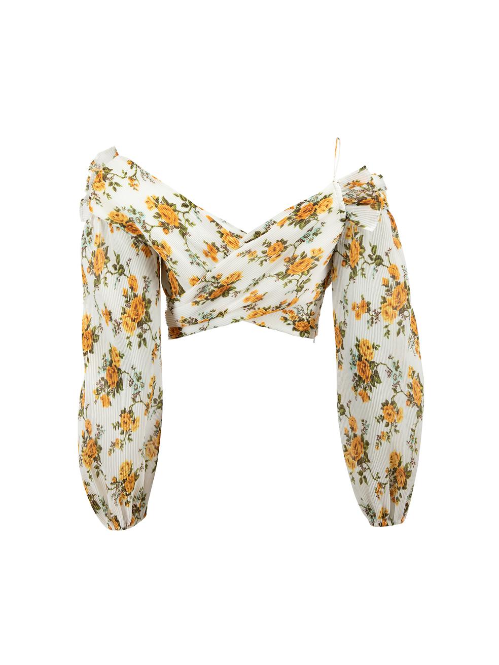 White Floral Print Asymmetric Pleated Crop Top Size L In Good Condition For Sale In London, GB