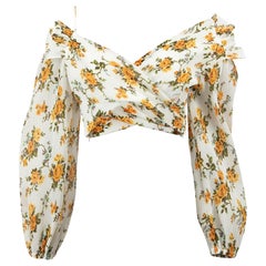 White Floral Print Asymmetric Pleated Crop Top Size L