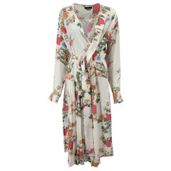 White Floral Print Long Sleeve Silk Wrap Dress Size XS