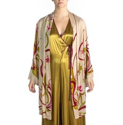 White Floral Print Rayon & Silk Burnout Velvet Robe