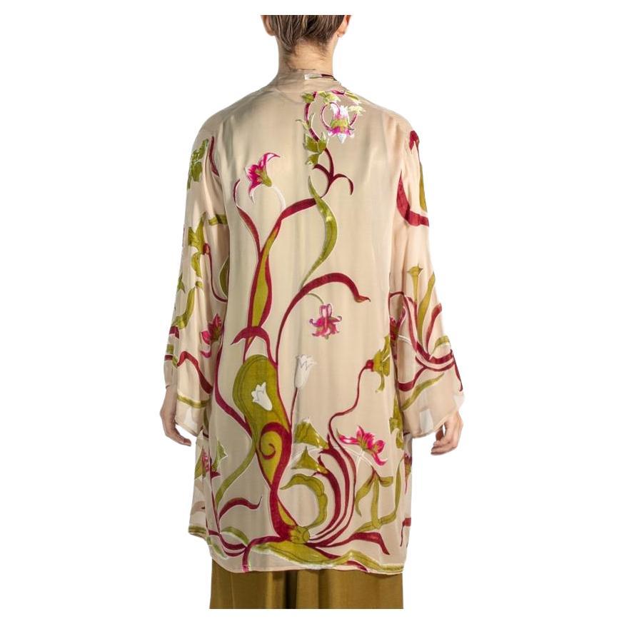 White Floral Print Rayon & Silk Burnout Velvet Robe For Sale