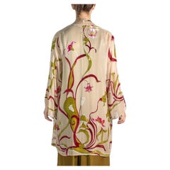 White Floral Print Rayon & Silk Burnout Velvet Robe