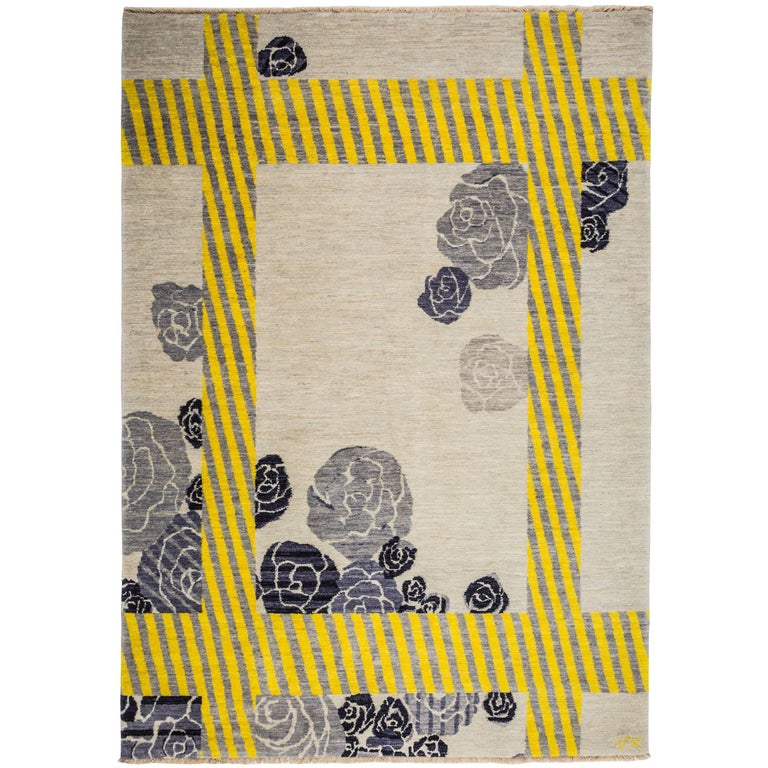 Cream Wool Rug Grey Flower and Yellow Lines by Cecilia Setterdahl for
