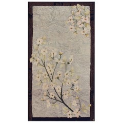 White Flowers Dogwood Tree Antique American Hooked Rug in Gray, with Charcoal