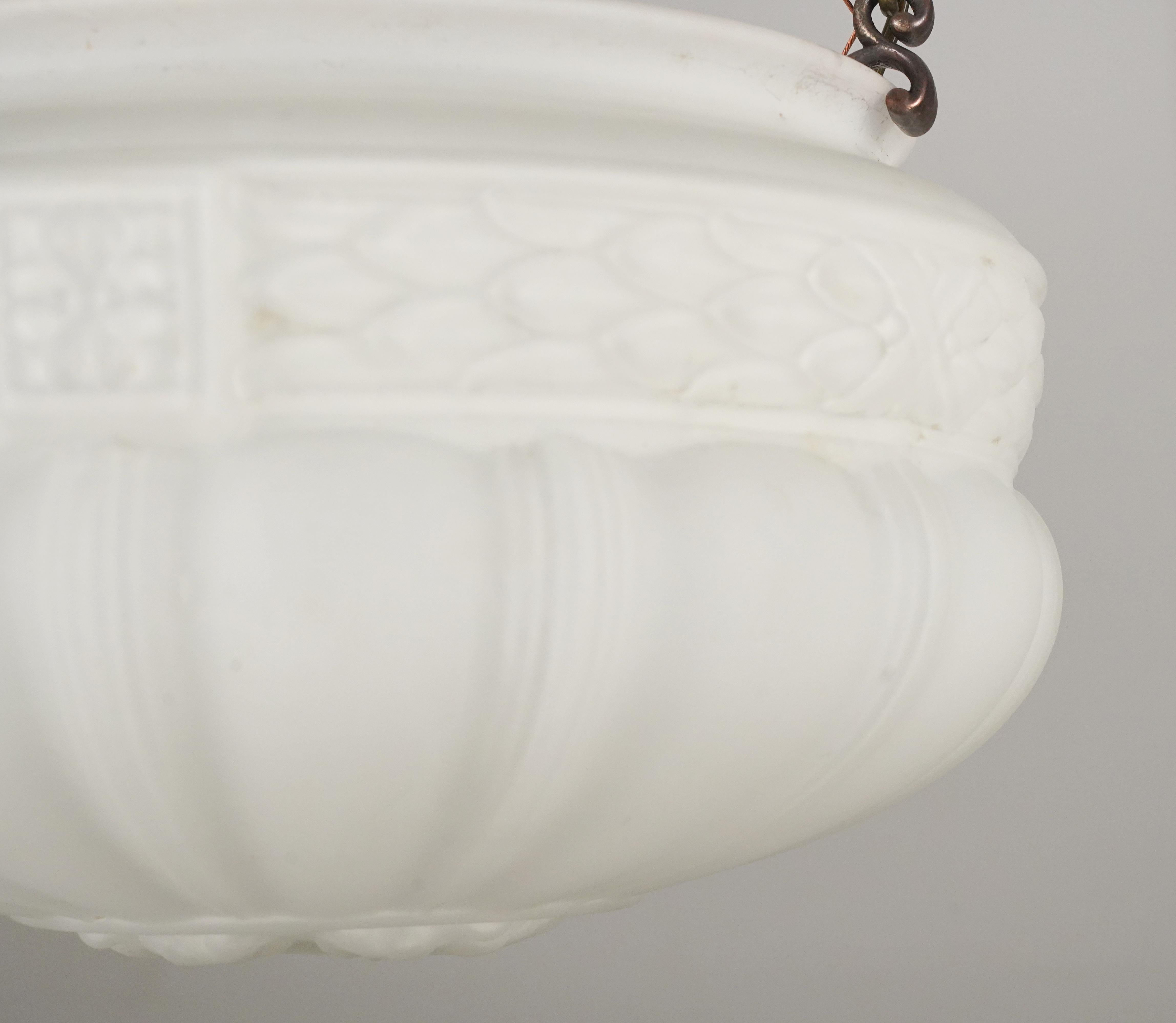 XX secolo White Fluted Glass Bowl Brass Chain Pendant Light in vendita