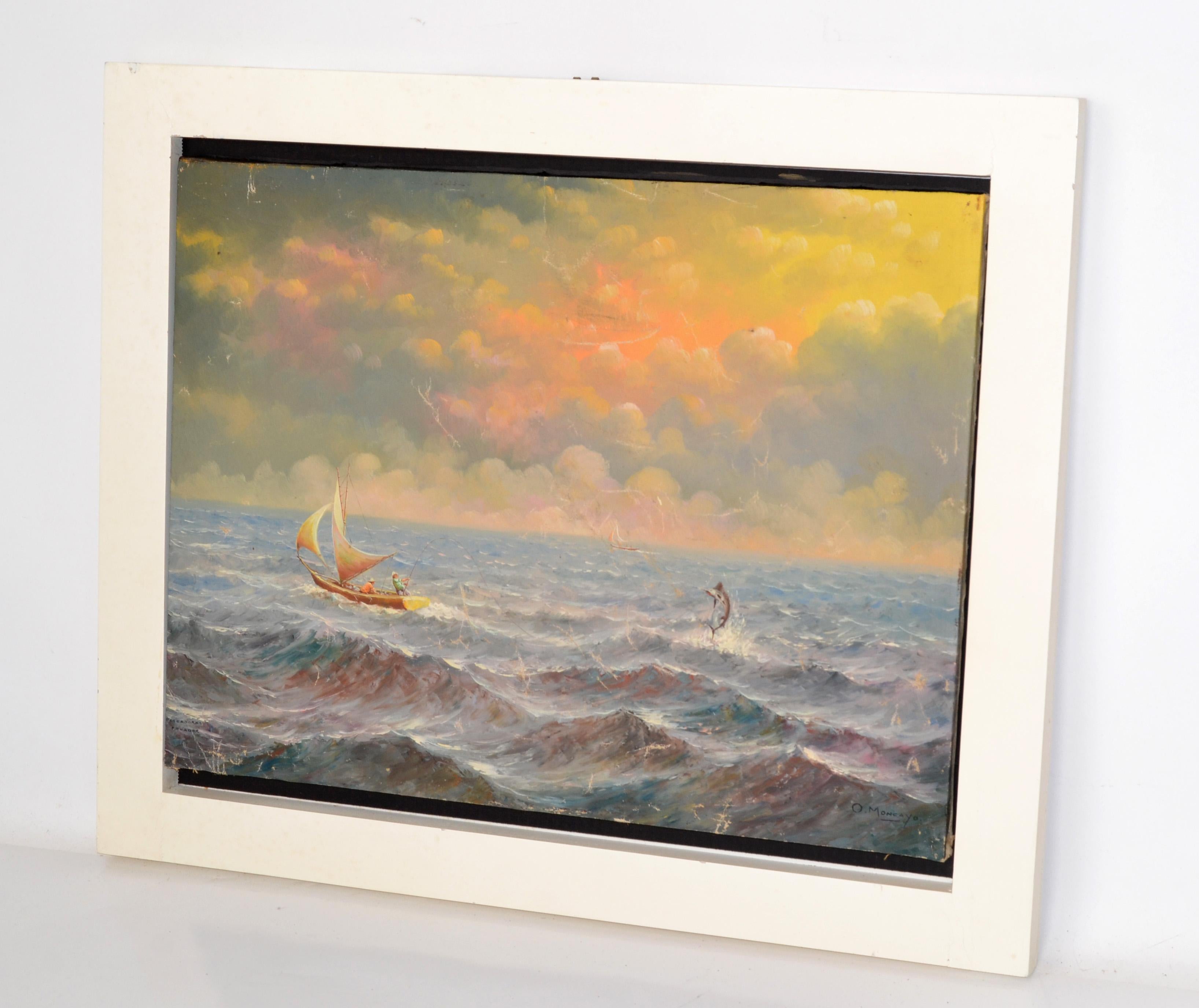Peinture de paysage marin O. Moncayo encadrée en blanc, acrylique sur toile, mi-siècle moderne   en vente 3