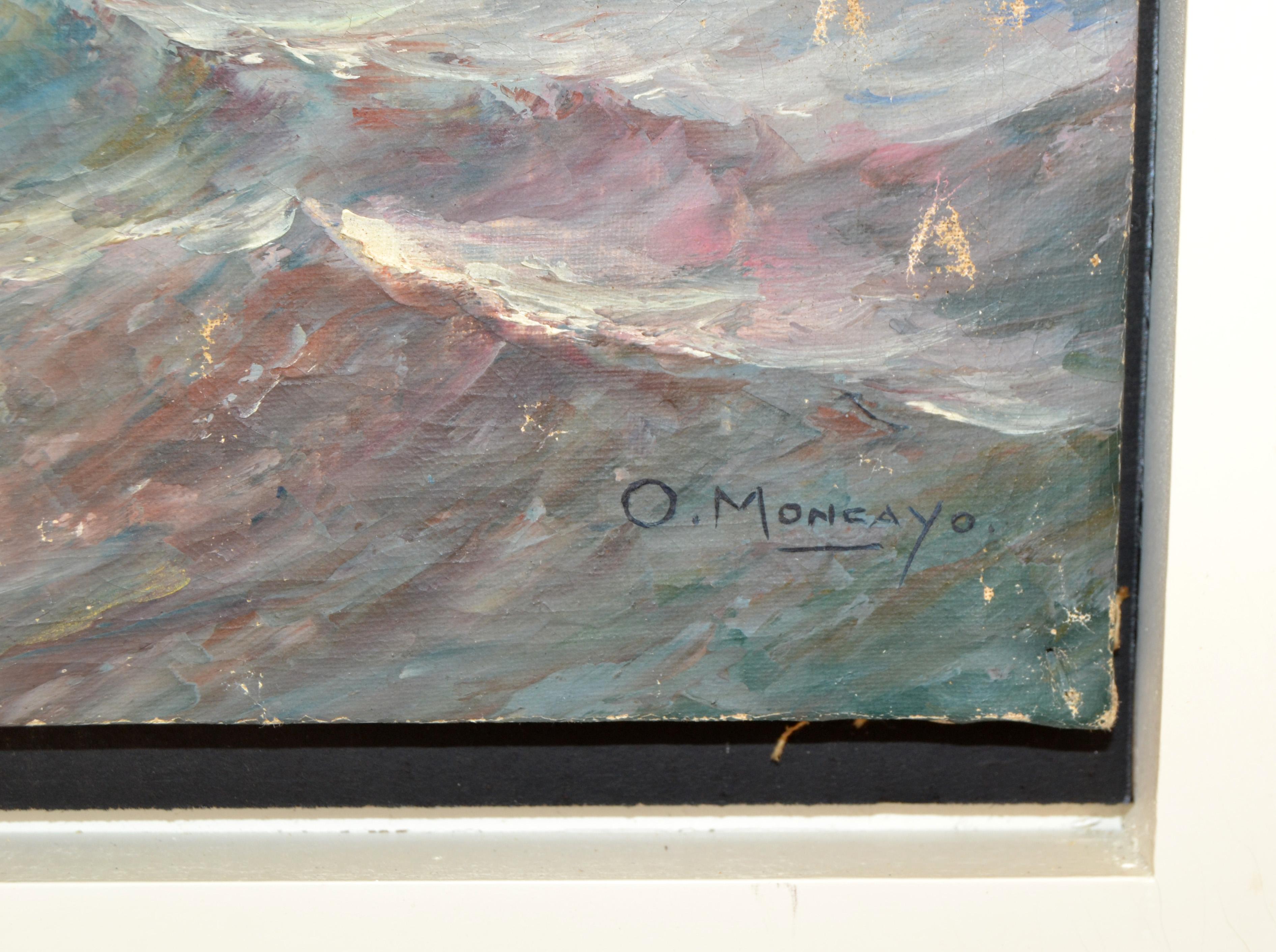 Peinture de paysage marin O. Moncayo encadrée en blanc, acrylique sur toile, mi-siècle moderne   en vente 5