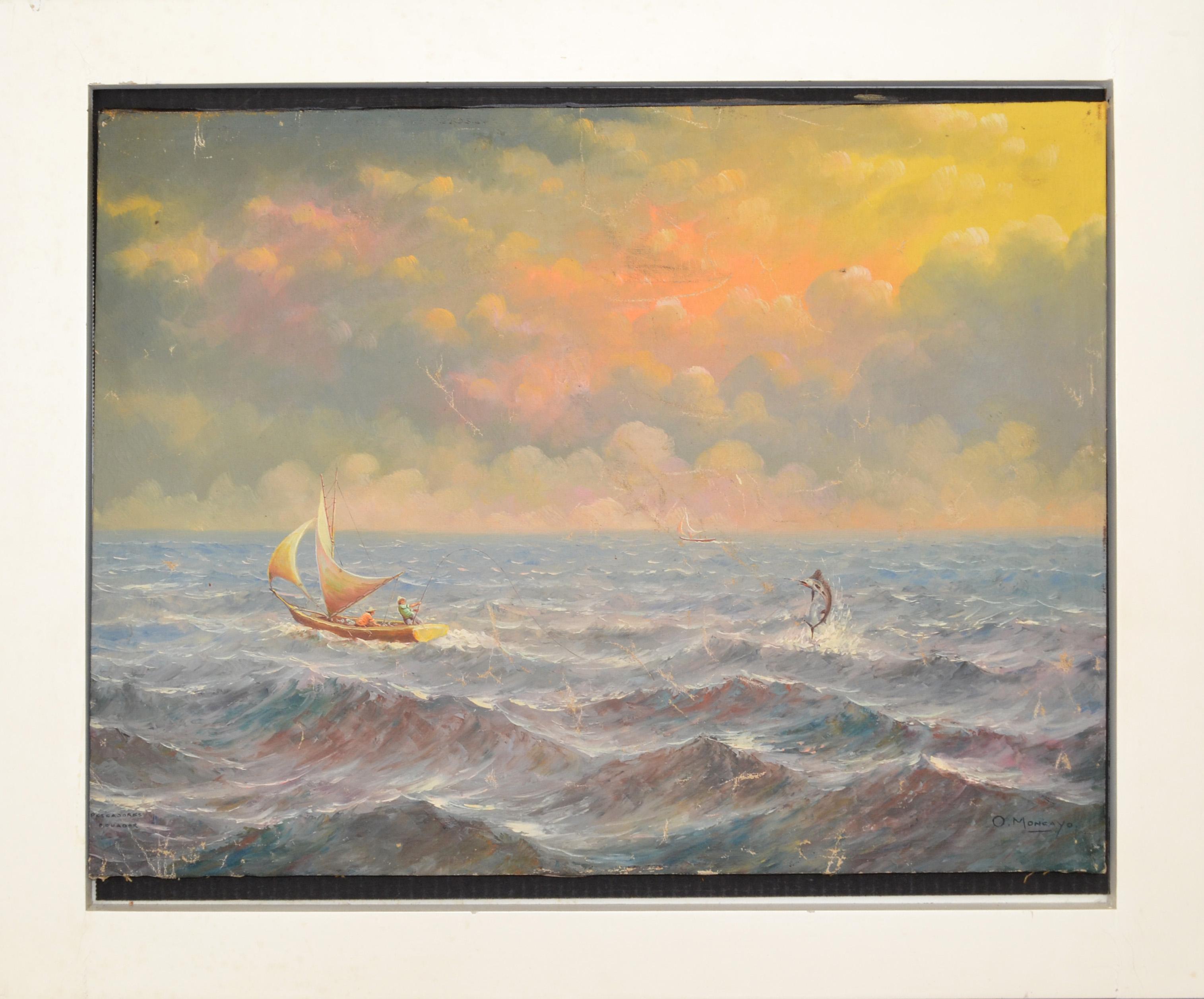 Signed and Framed Seascape Acrylic Painting on Canvas made in America circa 1970s.
Depicting two Fishermen in their Sailboat on the rough Ocean catching a swordfish.
The wide wooden Frame is lacquered in white gloss paint.
The Artist signed the
