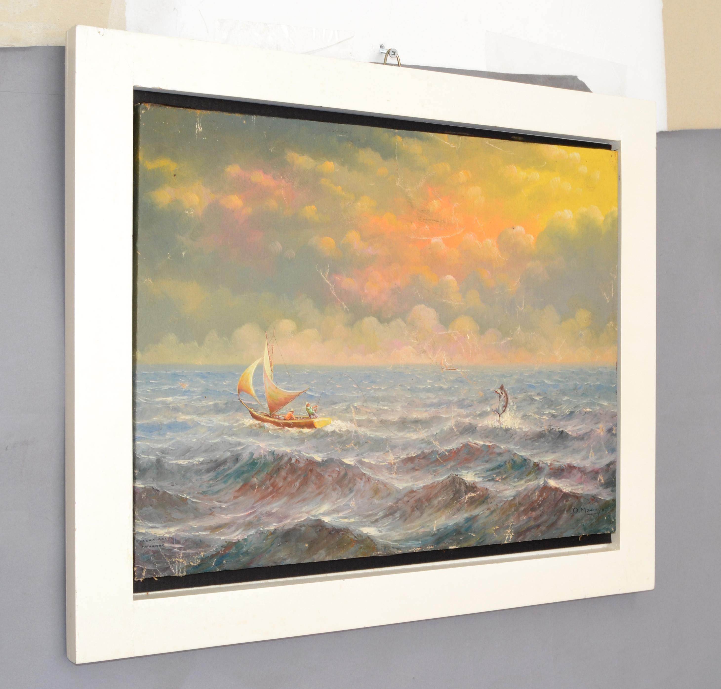 Mexican White Framed O. Moncayo Seascape Painting Acrylic on Canvas Mid-Century Modern For Sale