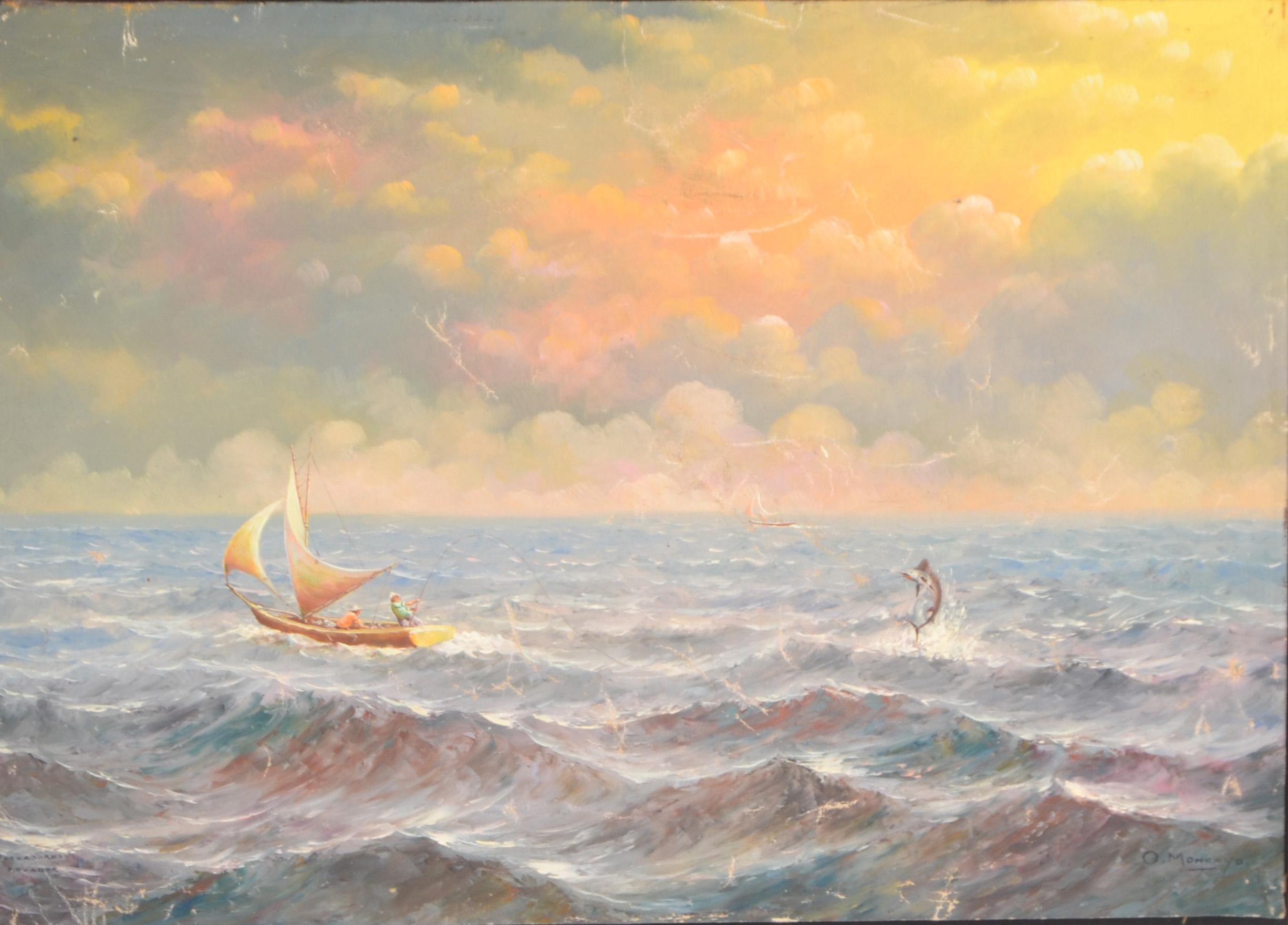 Hand-Painted White Framed O. Moncayo Seascape Painting Acrylic on Canvas Mid-Century Modern For Sale