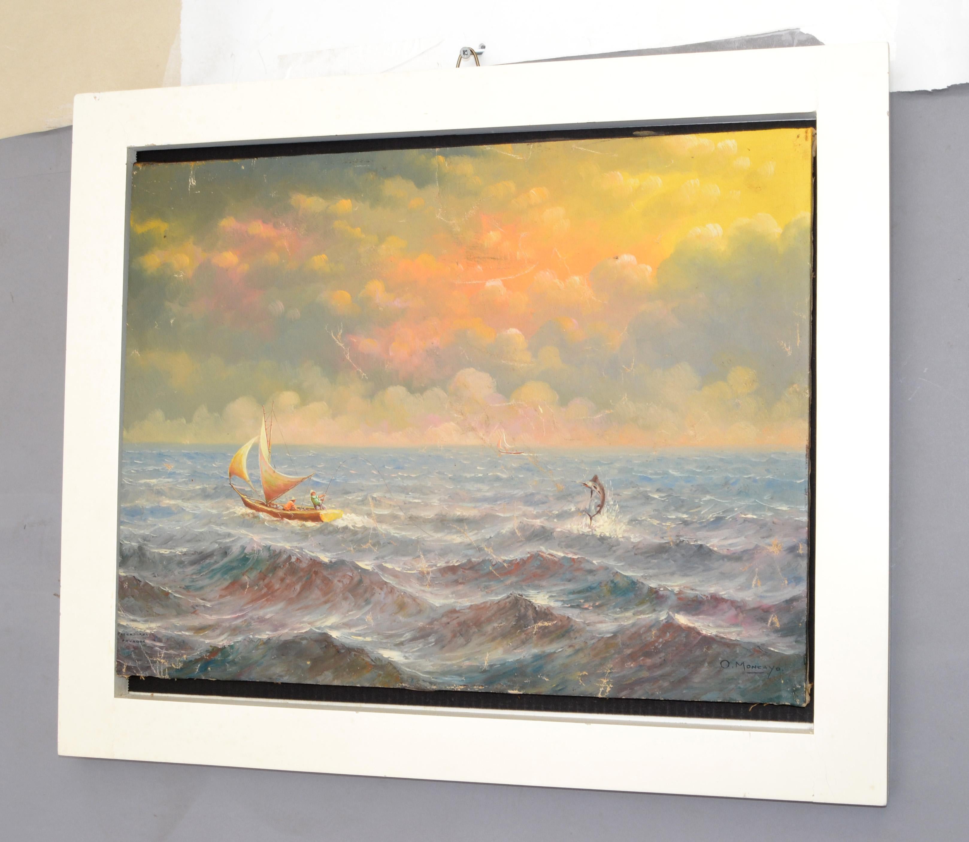 Peint à la main Peinture de paysage marin O. Moncayo encadrée en blanc, acrylique sur toile, mi-siècle moderne   en vente