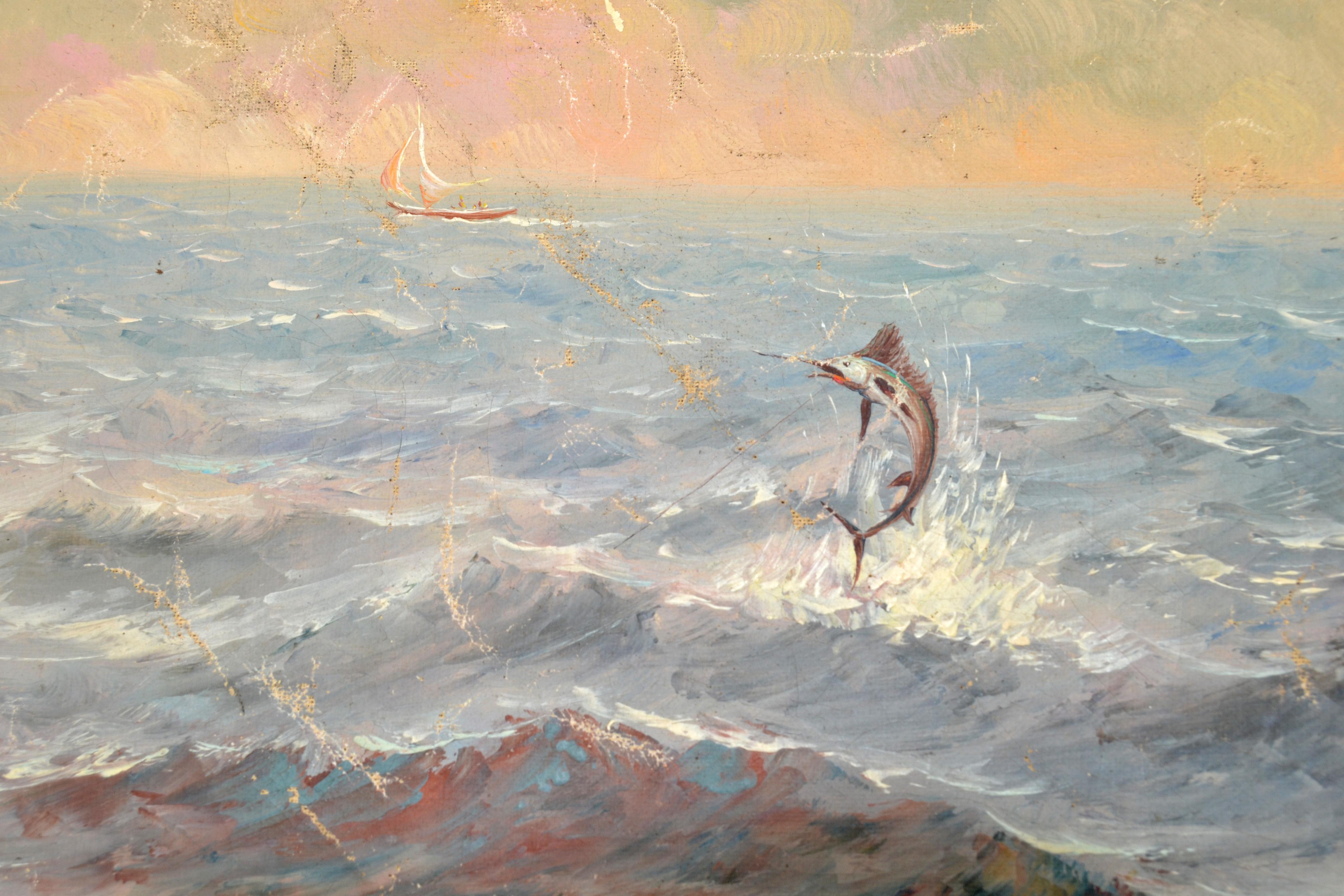 Fin du 20e siècle Peinture de paysage marin O. Moncayo encadrée en blanc, acrylique sur toile, mi-siècle moderne   en vente