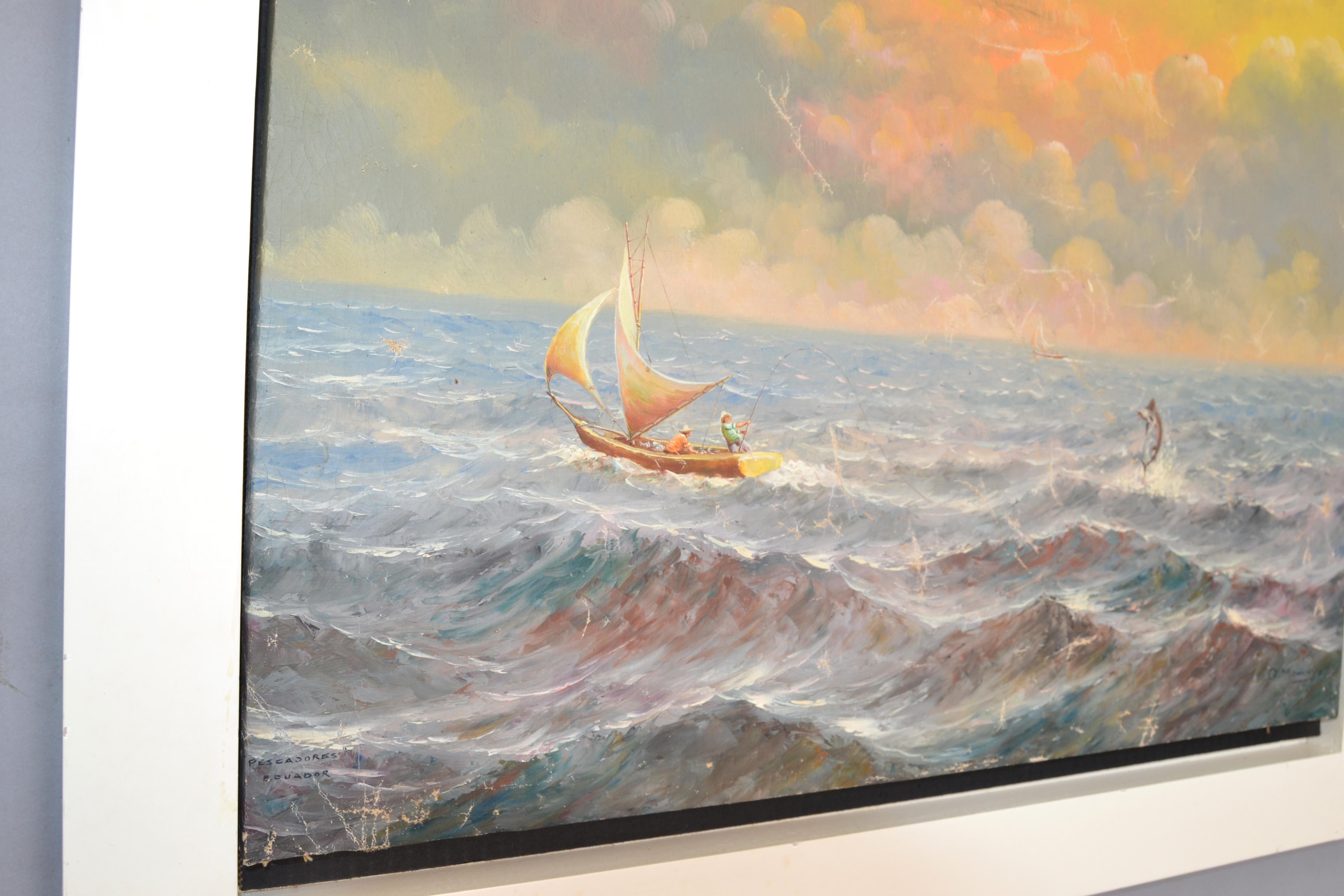 White Framed O. Moncayo Seascape Painting Acrylic on Canvas Mid-Century Modern For Sale 2