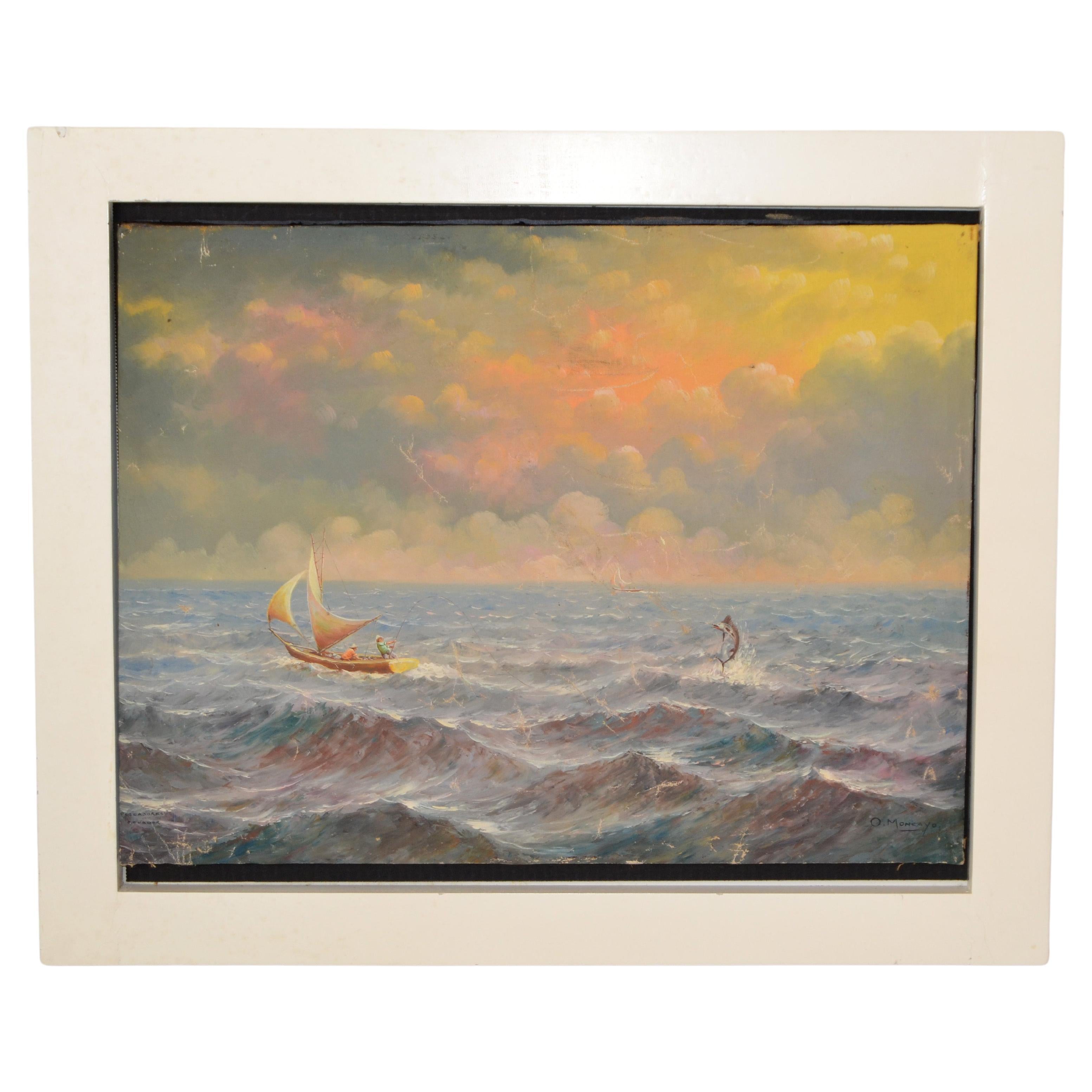 Peinture de paysage marin O. Moncayo encadrée en blanc, acrylique sur toile, mi-siècle moderne  