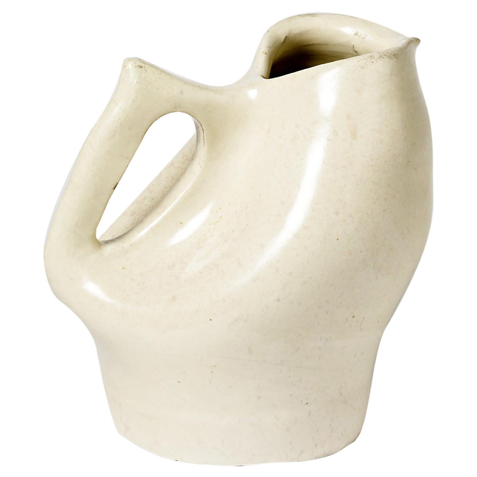 Weißer Keramikkrug mit frei geformtem Vogel, Design Mitte des 20. Jahrhunderts