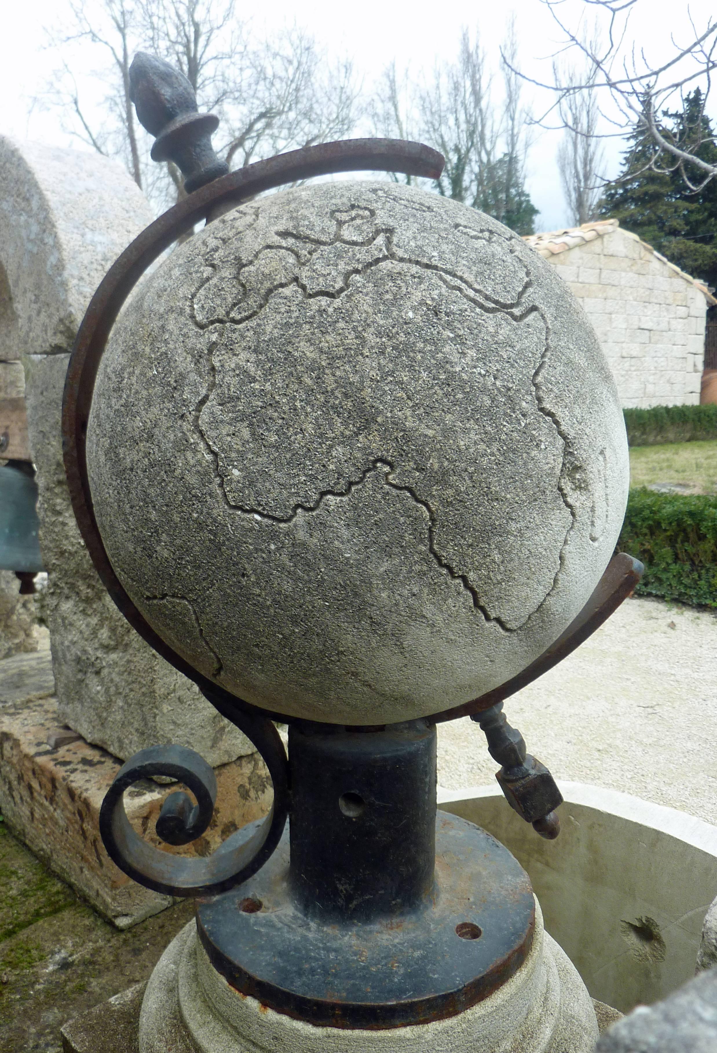 White French Limestone Terrestrial Globe with Metal Stand, Provence For Sale 4