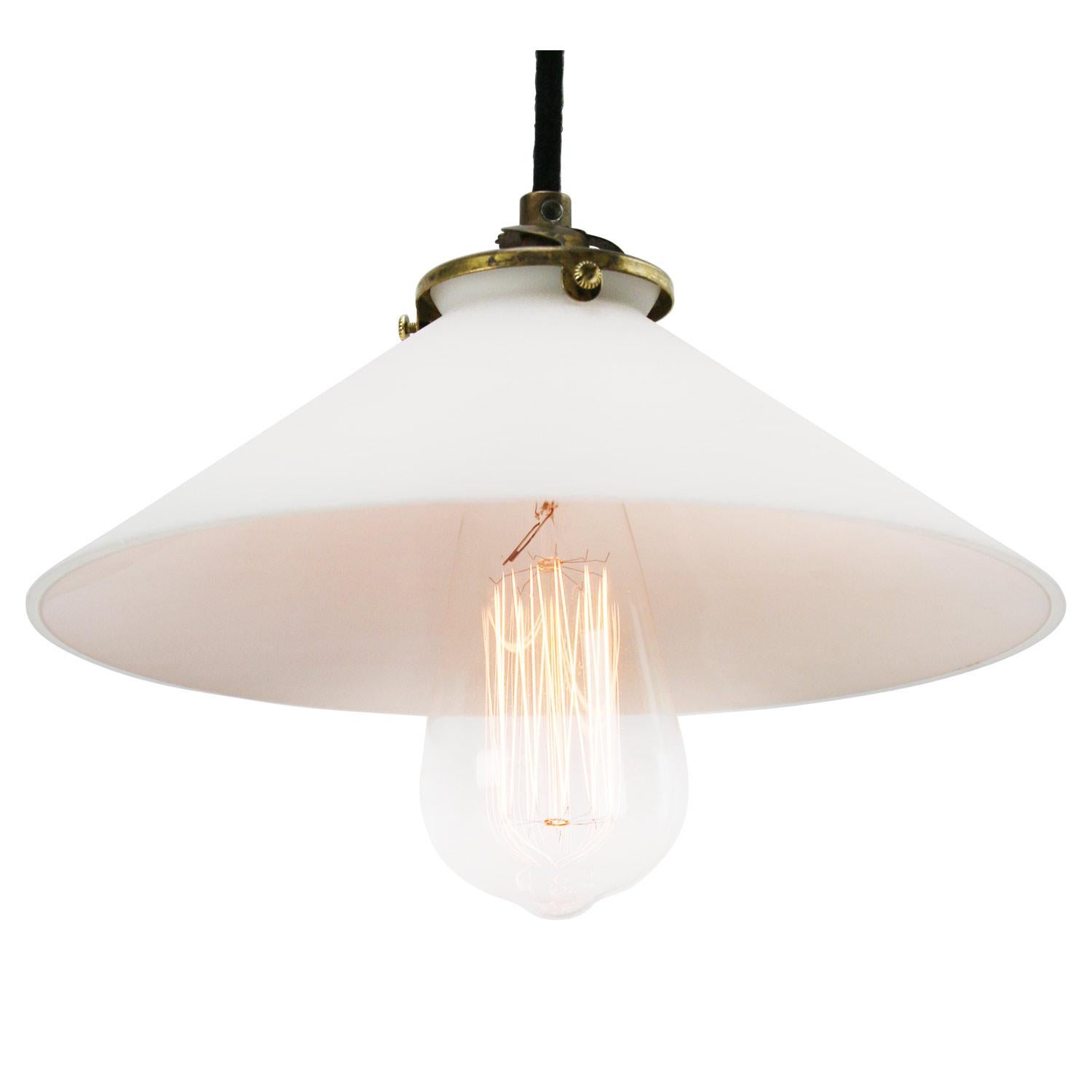 French opaline glass Industrial pendant. Excluding light bulb.

Mat outside, gloss inside

Measure: Weight 1.0 kg / 2.2 lb

Priced per individual item. All lamps have been made suitable by international standards for incandescent light bulbs,