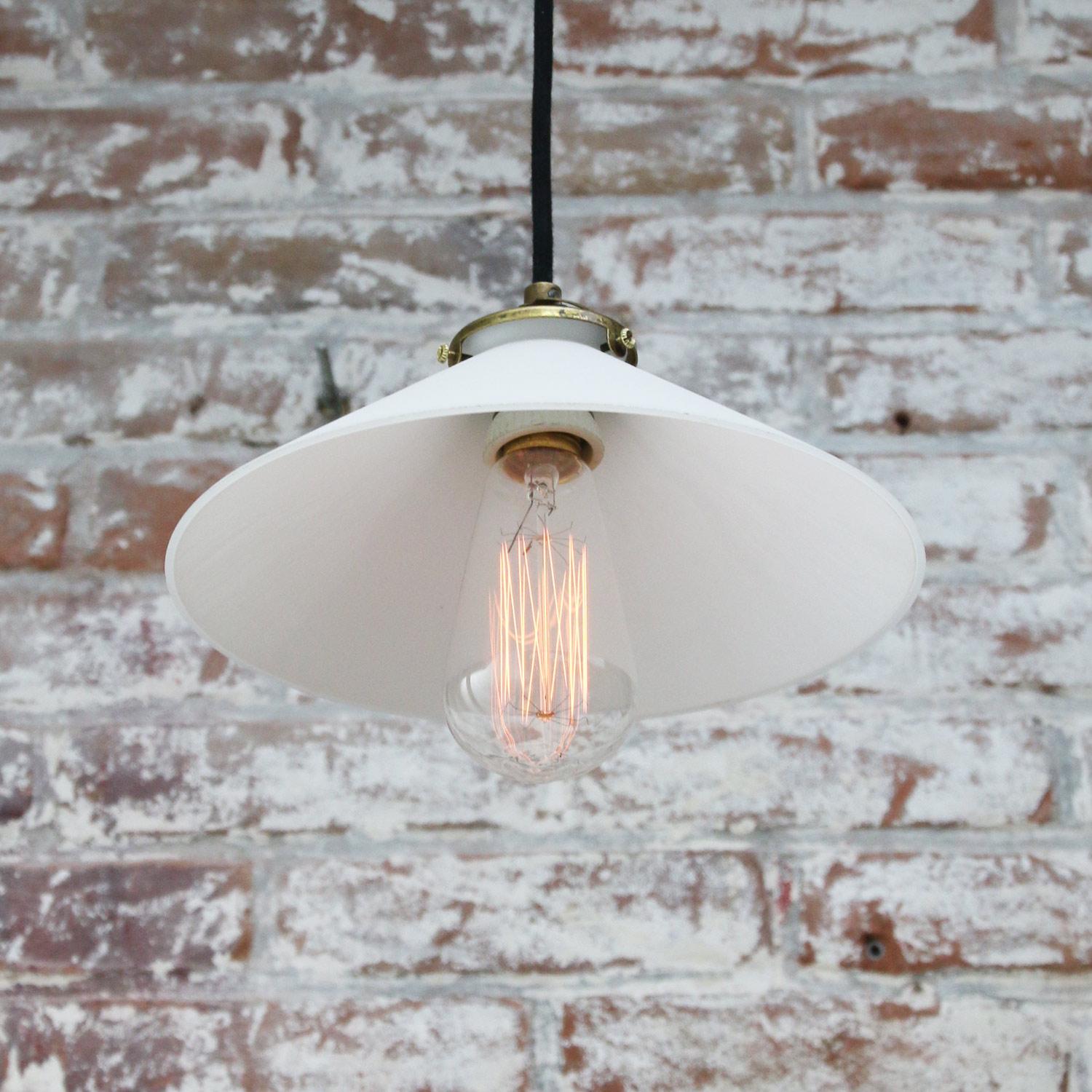 Industrial White French Mat Opaline Milk Glass Shade Brass Pendant Lights For Sale