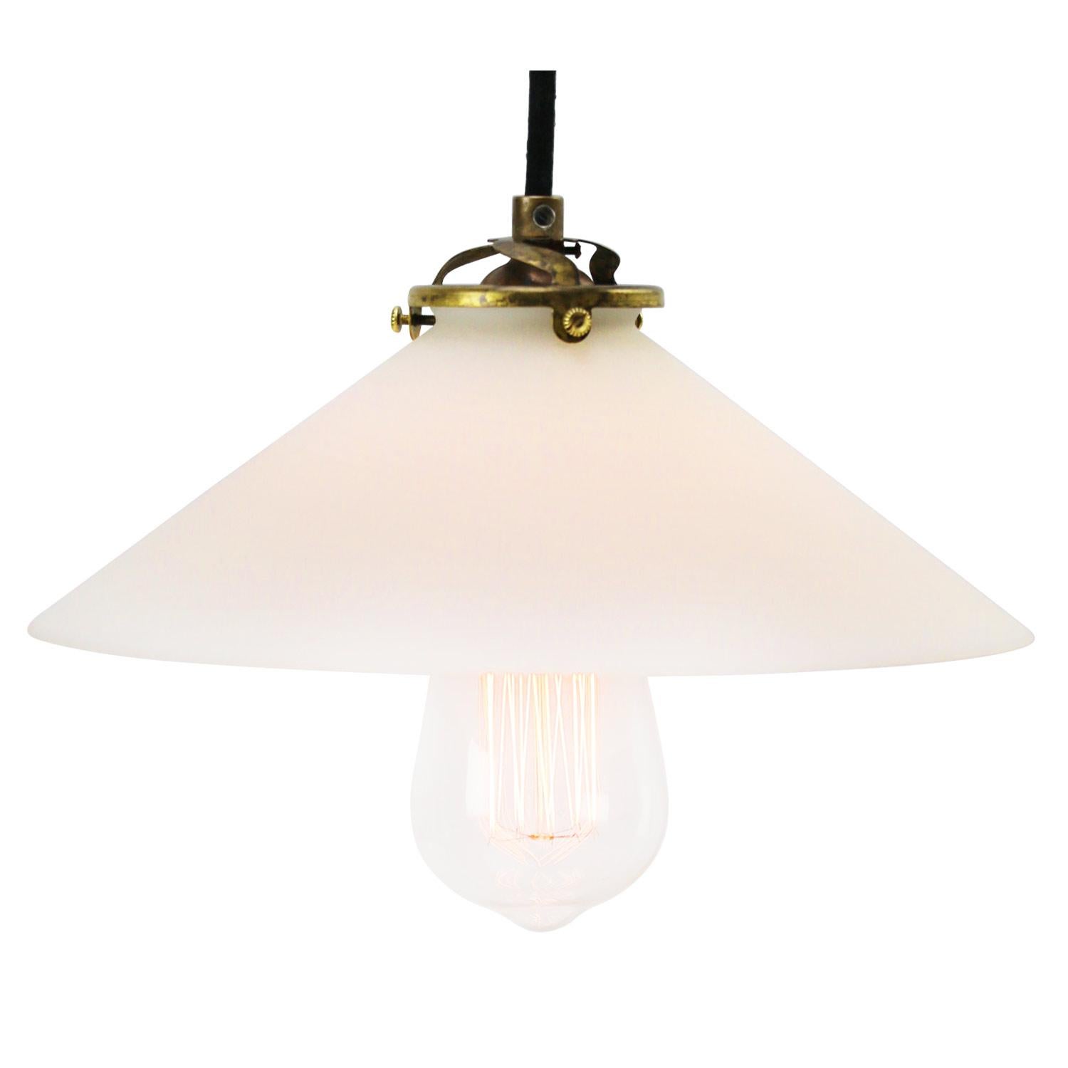 White French Mat Opaline Milk Glass Shade Brass Pendant Lights For Sale 2