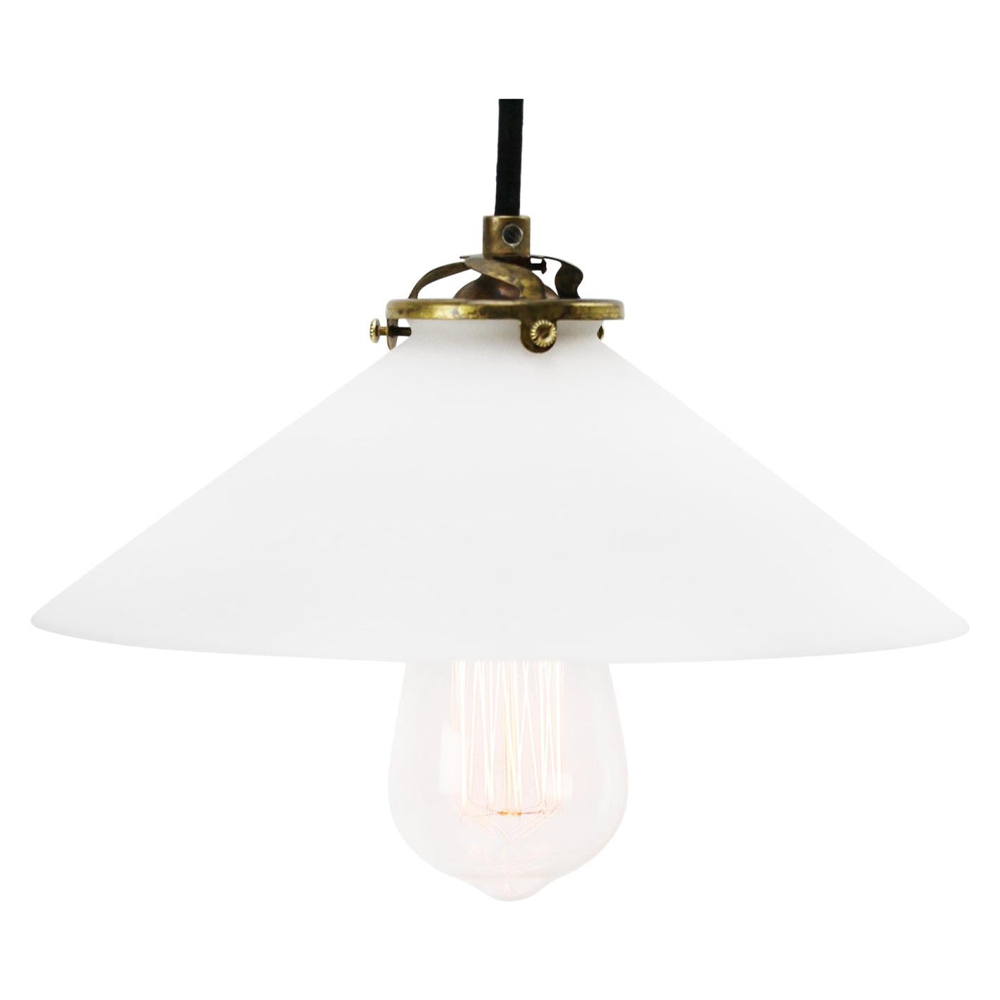 White French Mat Opaline Milk Glass Shade Brass Pendant Lights For Sale