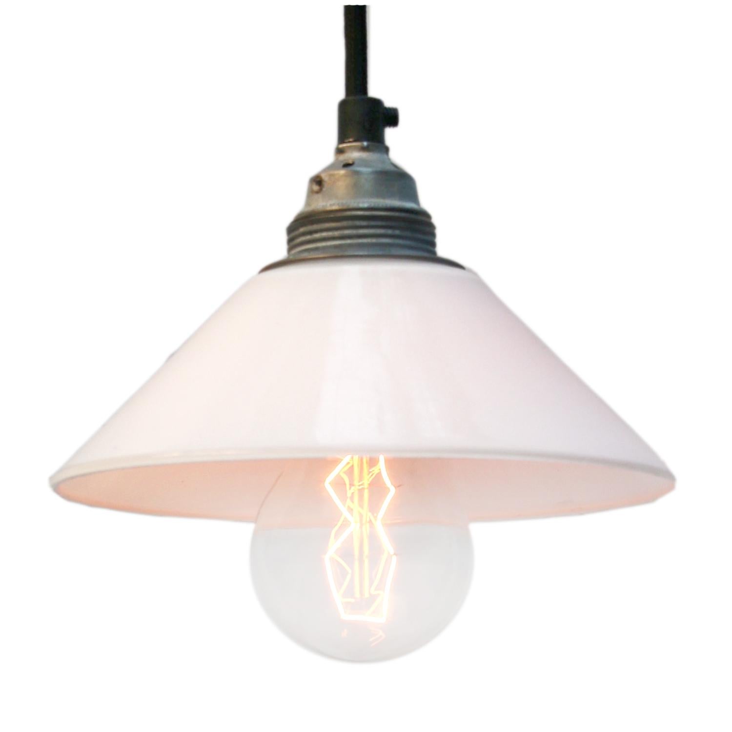 French opaline glass industrial pendant.
2 meter black wire

Weight 0.40 kg / 0.9 lb

Priced per individual item. All lamps have been made suitable by international standards for incandescent light bulbs, energy-efficient and LED bulbs. E26/E27