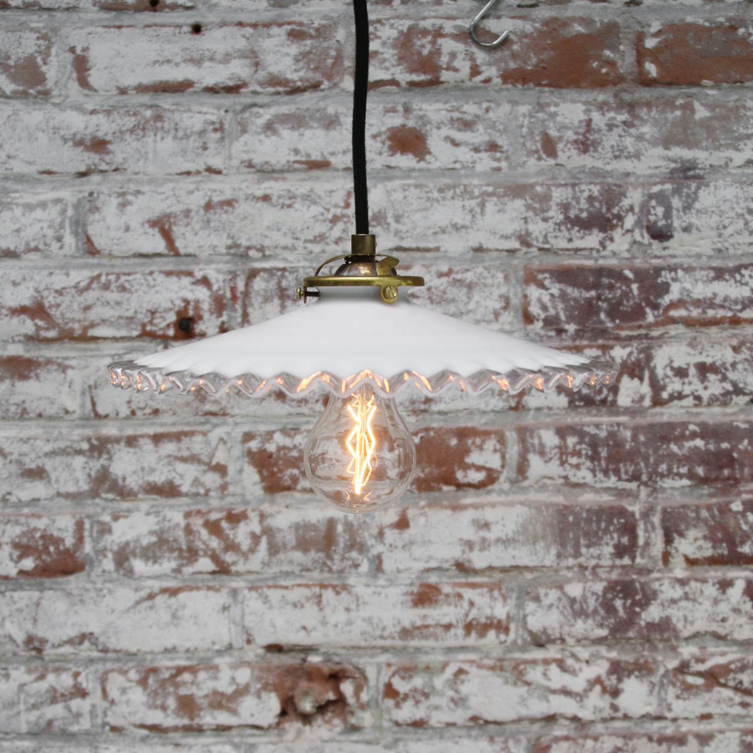 Industrial White French Opaline Milk Glass Shade Brass Pendant Lights For Sale