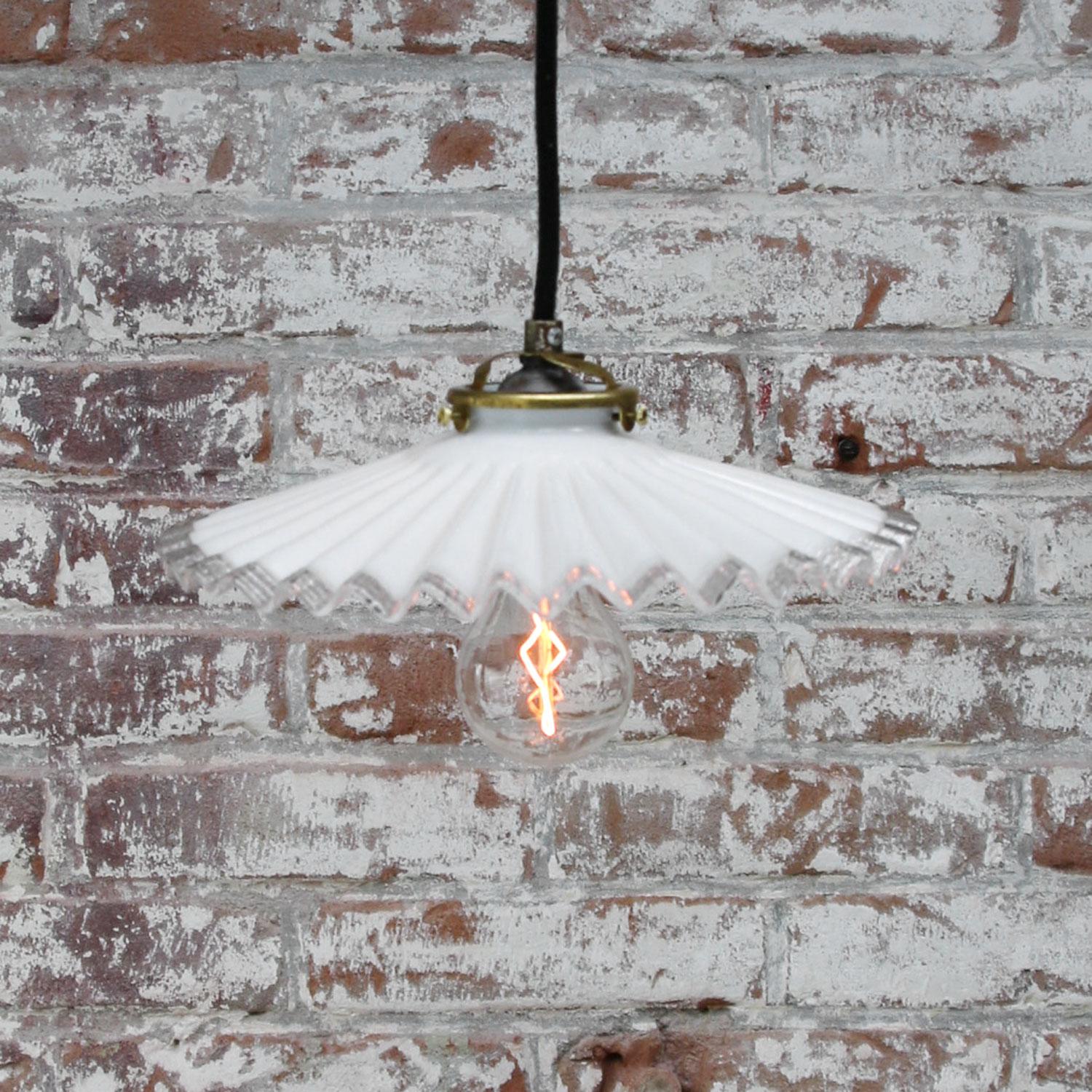 White French Opaline Milk Glass Shade Brass Pendant Light In Good Condition In Amsterdam, NL