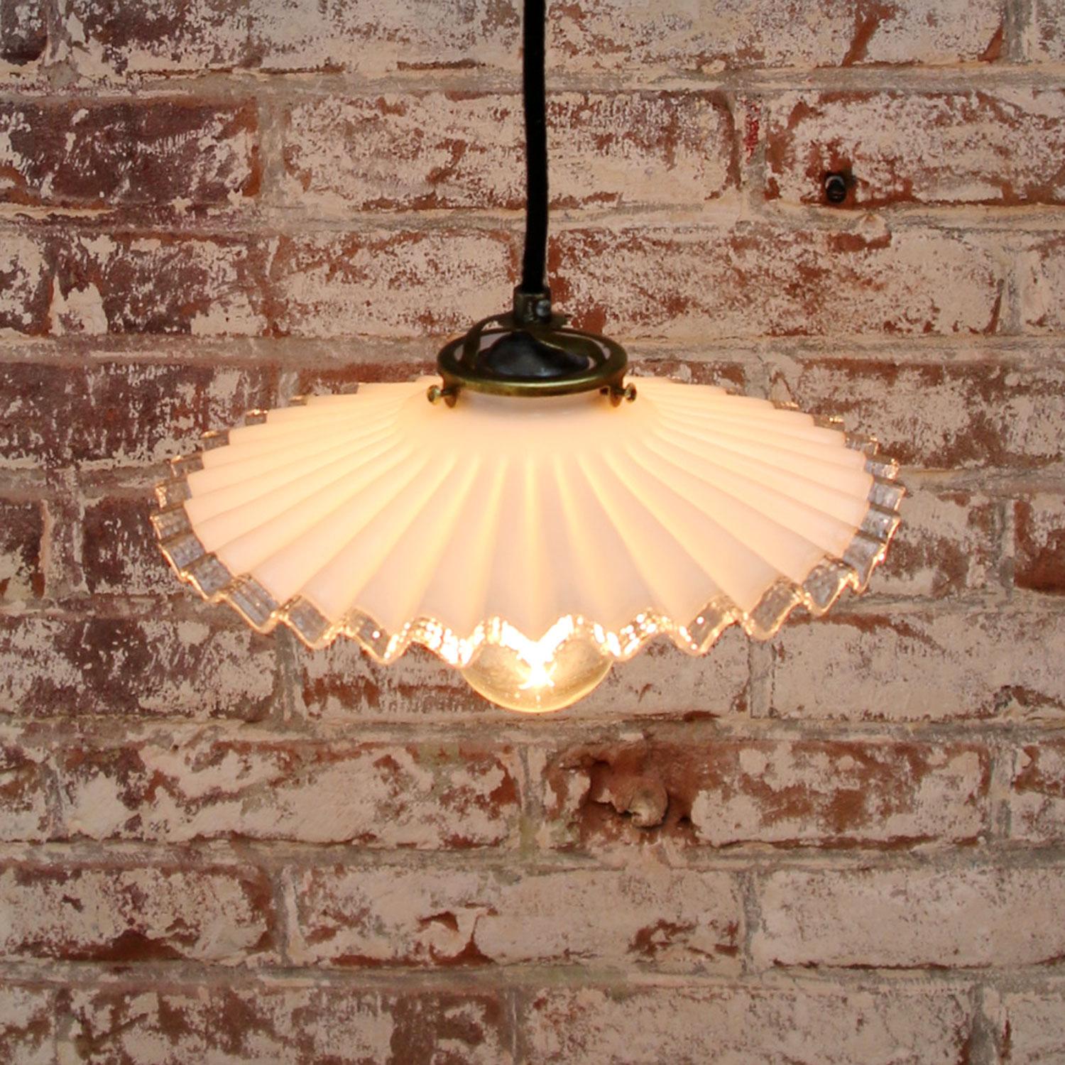 20th Century White French Opaline Milk Glass Shade Brass Pendant Light