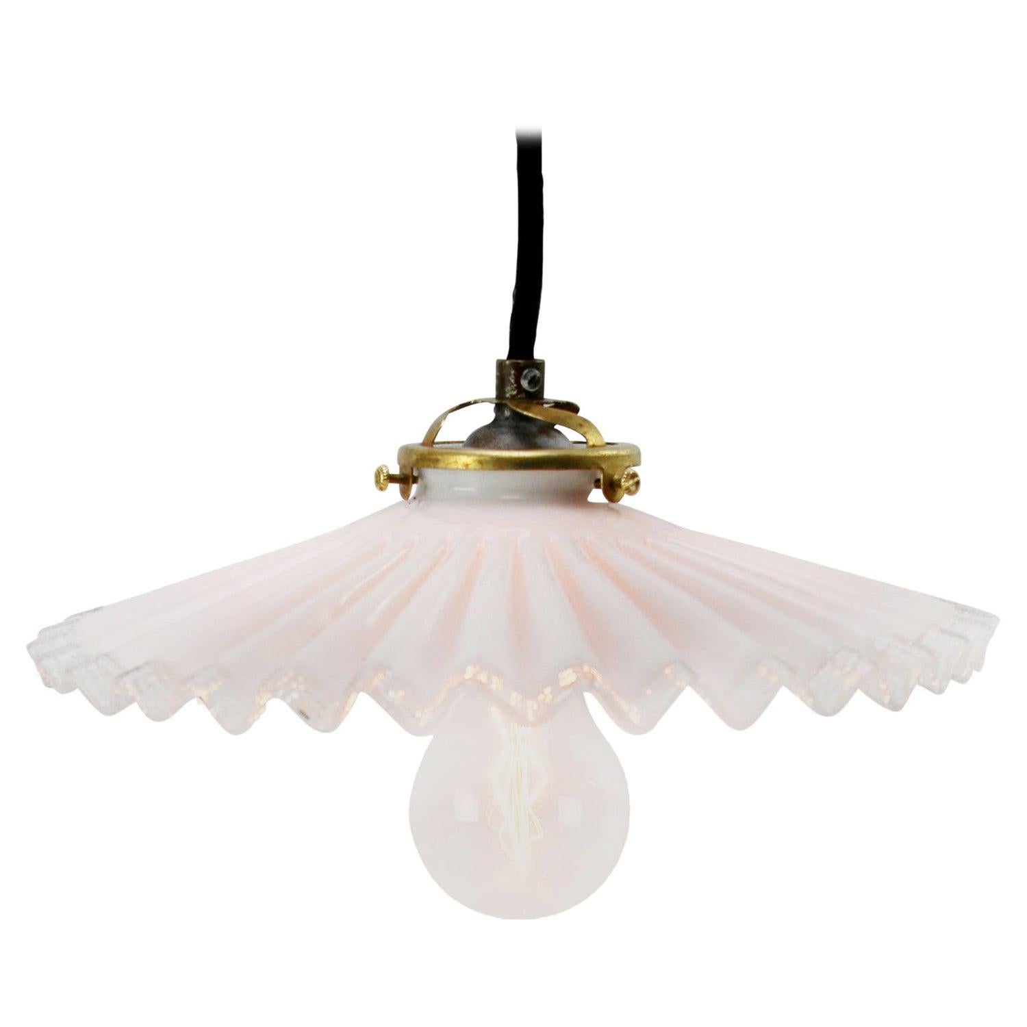 White French Opaline Milk Glass Shade Brass Pendant Light