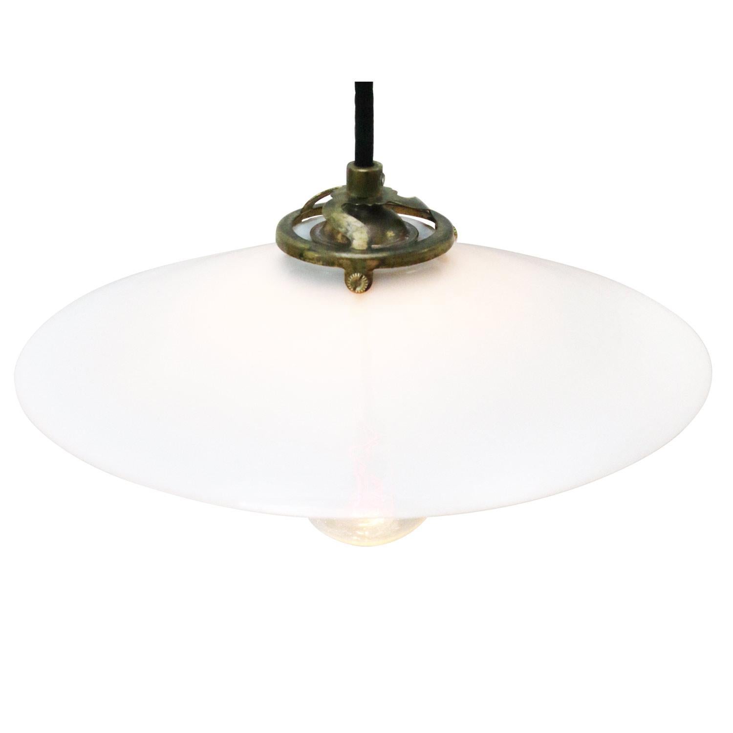 Industrial White French Opaline Milk Glass Shade Brass Pendant Lights