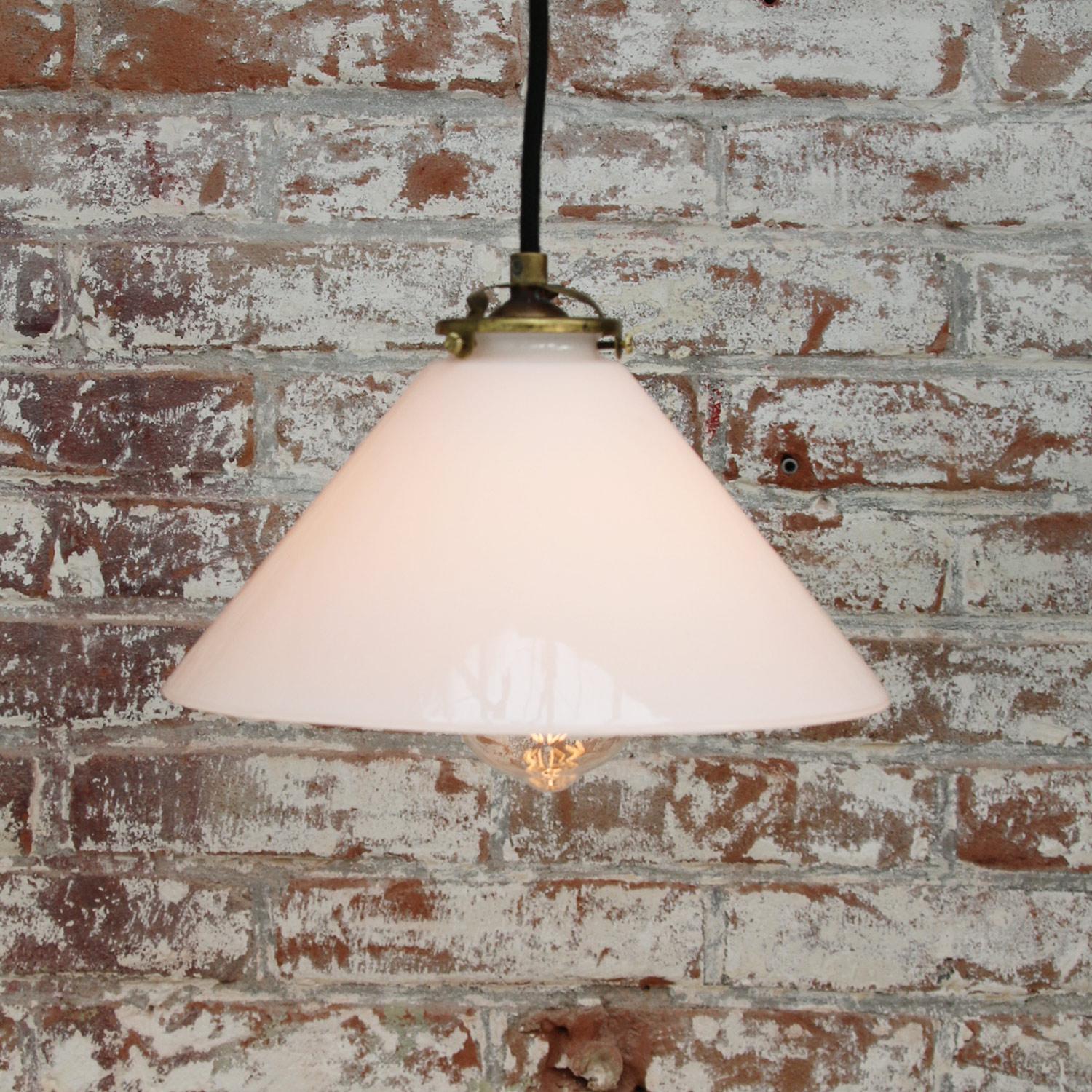 White French Opaline Milk Glass Shade Brass Pendant Lights In Good Condition In Amsterdam, NL
