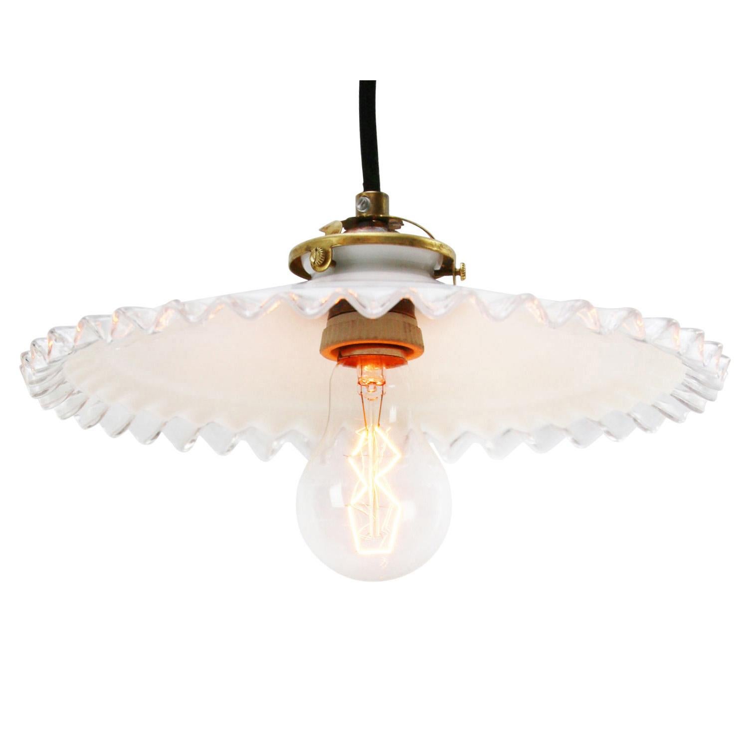 White French Opaline Milk Glass Shade Brass Pendant Lights In Good Condition In Amsterdam, NL