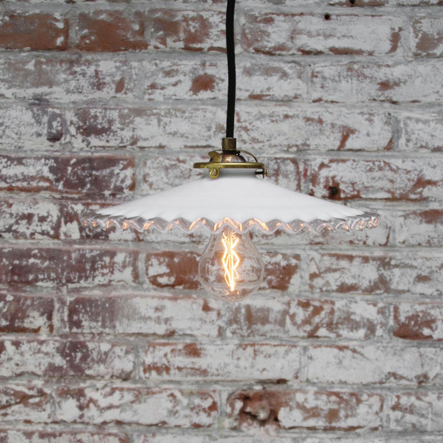 White French Opaline Milk Glass Shade Brass Pendant Lights In Good Condition In Amsterdam, NL