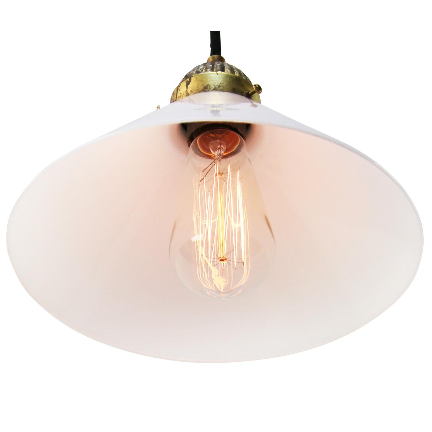 Industrial White French Opaline Milk Glass Shade Brass Pendant Lights For Sale