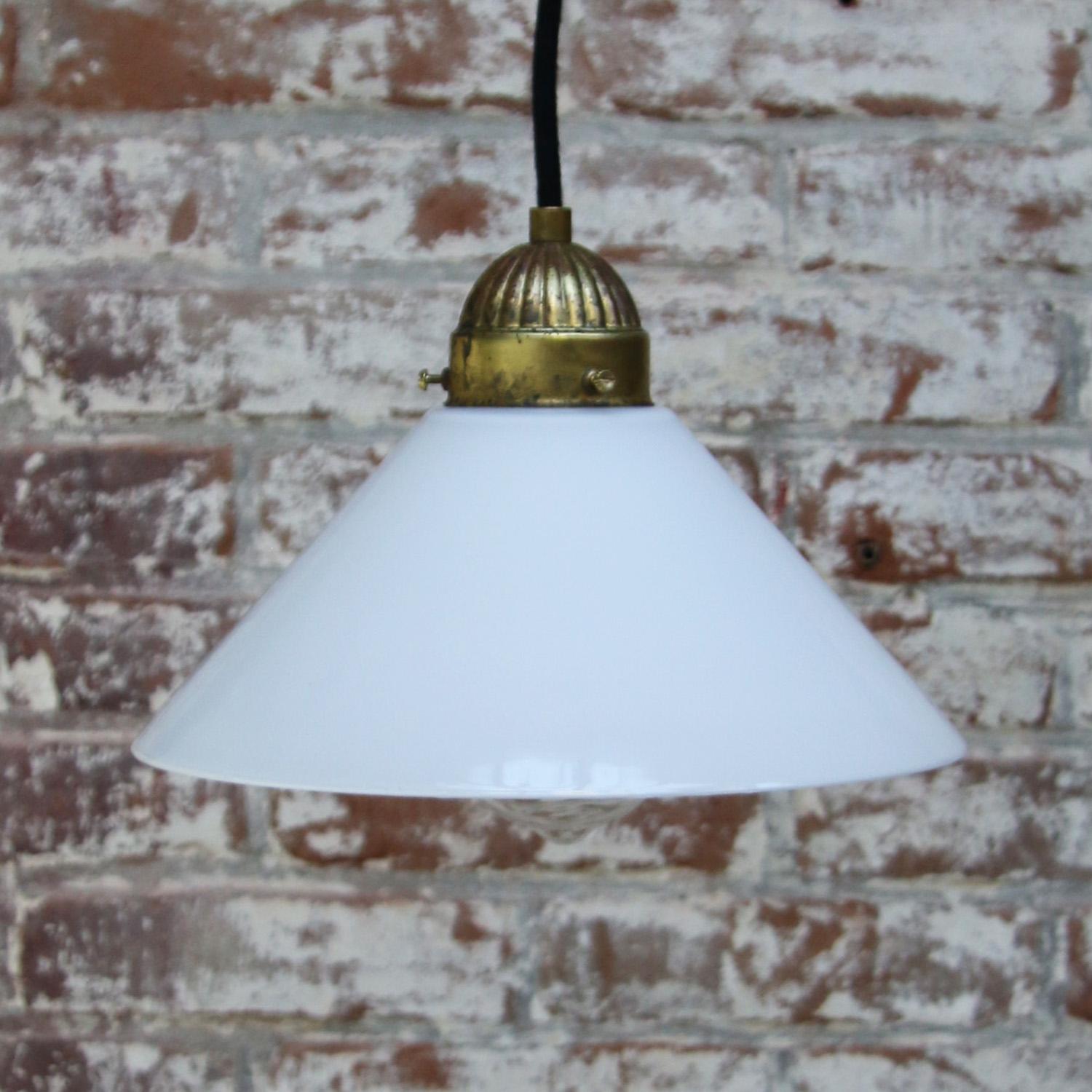 White French Opaline Milk Glass Shade Brass Pendant Lights In Good Condition For Sale In Amsterdam, NL